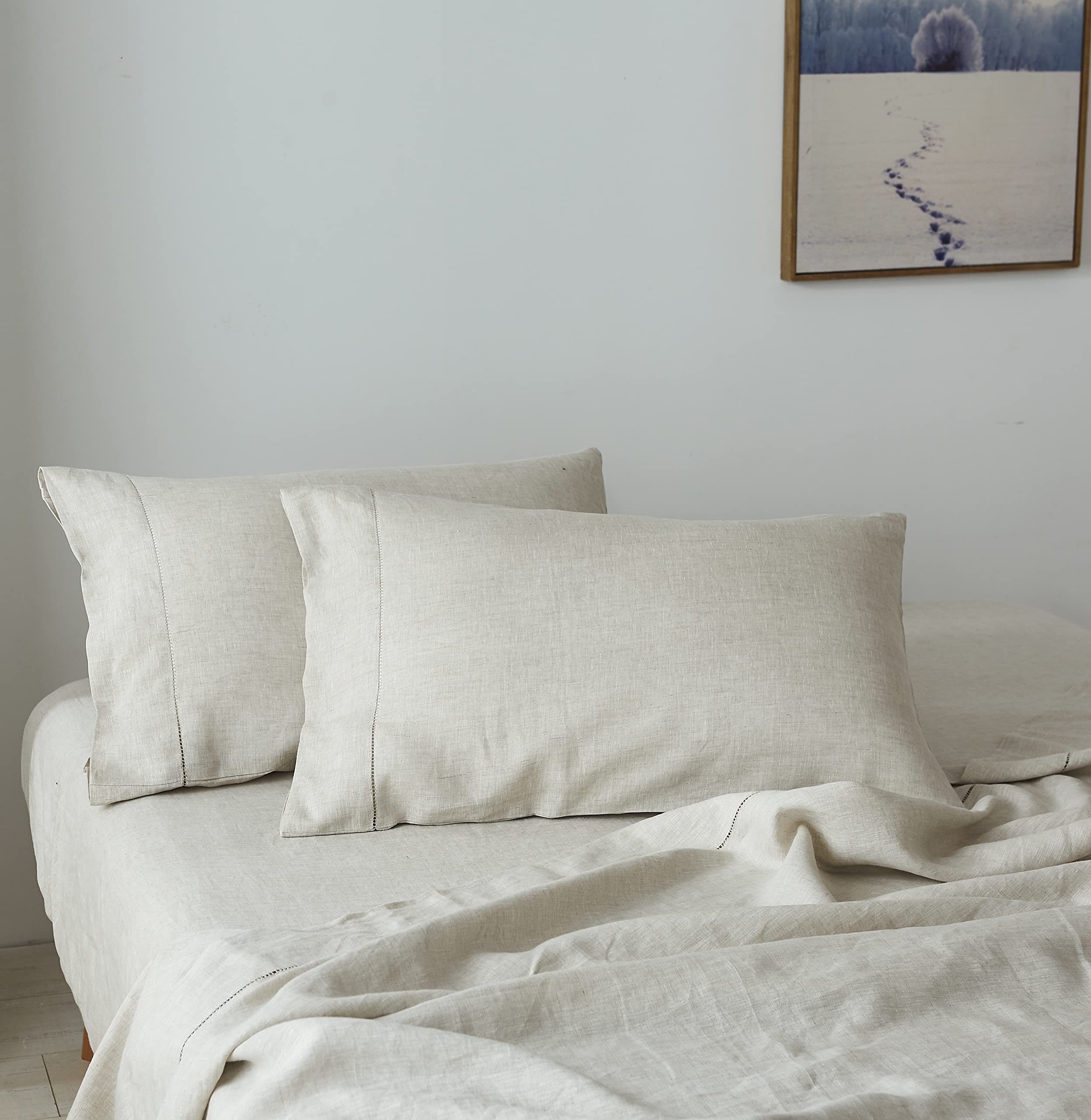 Simple&Opulence 100% Linen Pillowcase With Hand Drawing Hemstitch Pillow Cover King Size Set Of 2 Soft And Durable (Linen, 20'X