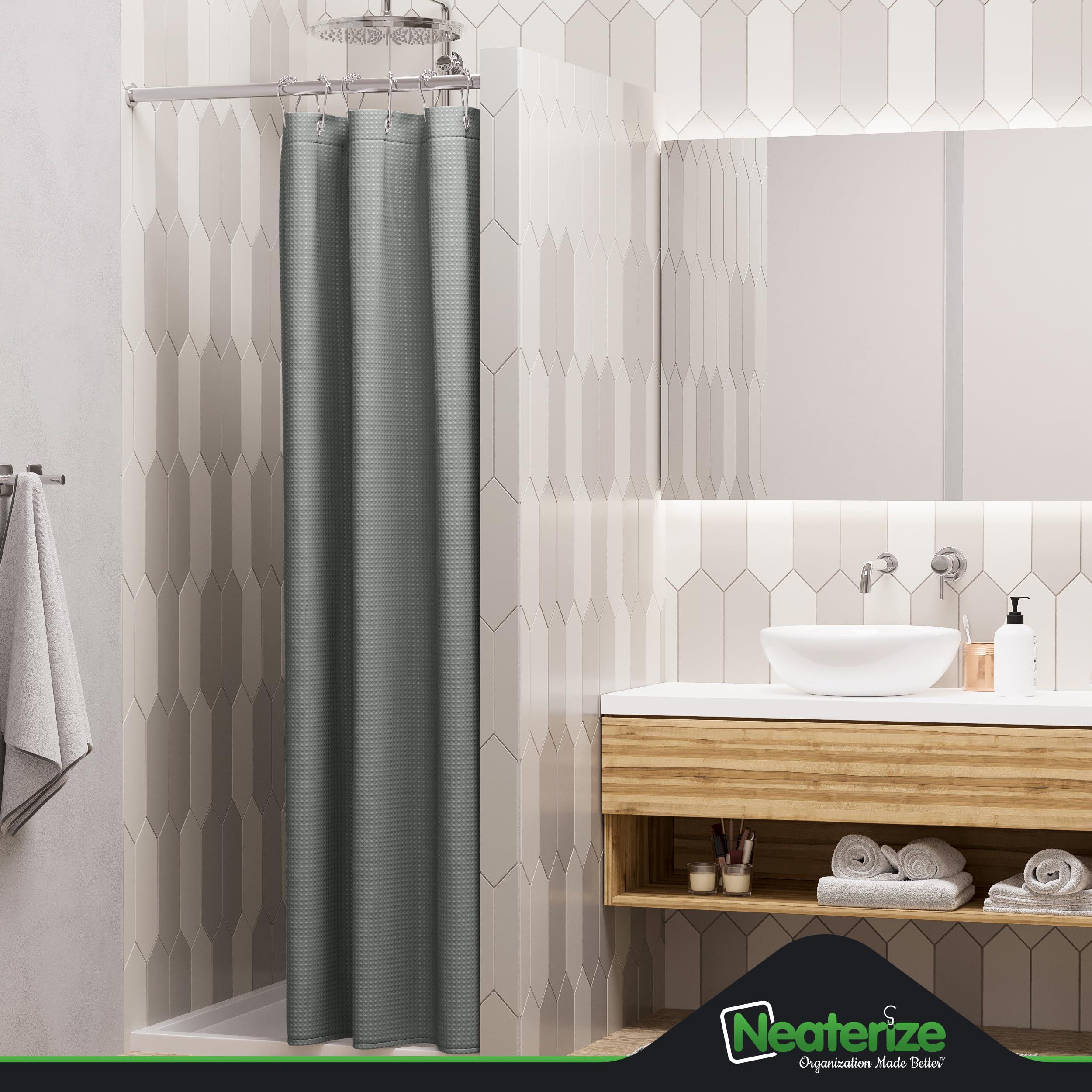 Neaterize Stall Shower Curtain Grey - Hotel Style Grey Shower Curtains For Bathroom With Waffle Design, 36X72 Inches - Fabric Sh
