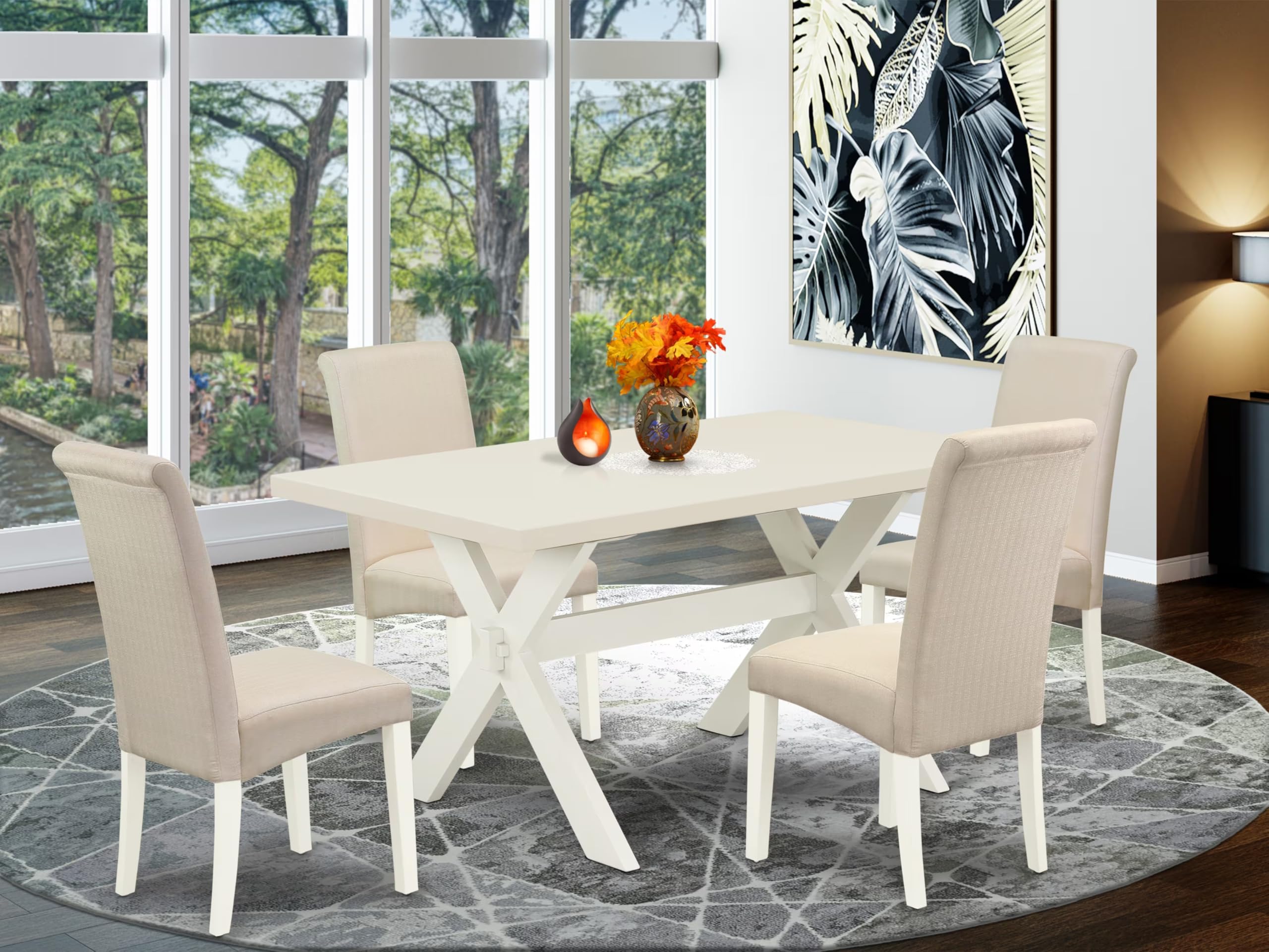 East West Furniture X026Ba201-5 5 Piece Modern Dining Table Set Includes A Rectangle Wooden Table With X-Legs And 4 Cream Linen Fabric Upholstered Chairs, 36X60 Inch, Multi-Color
