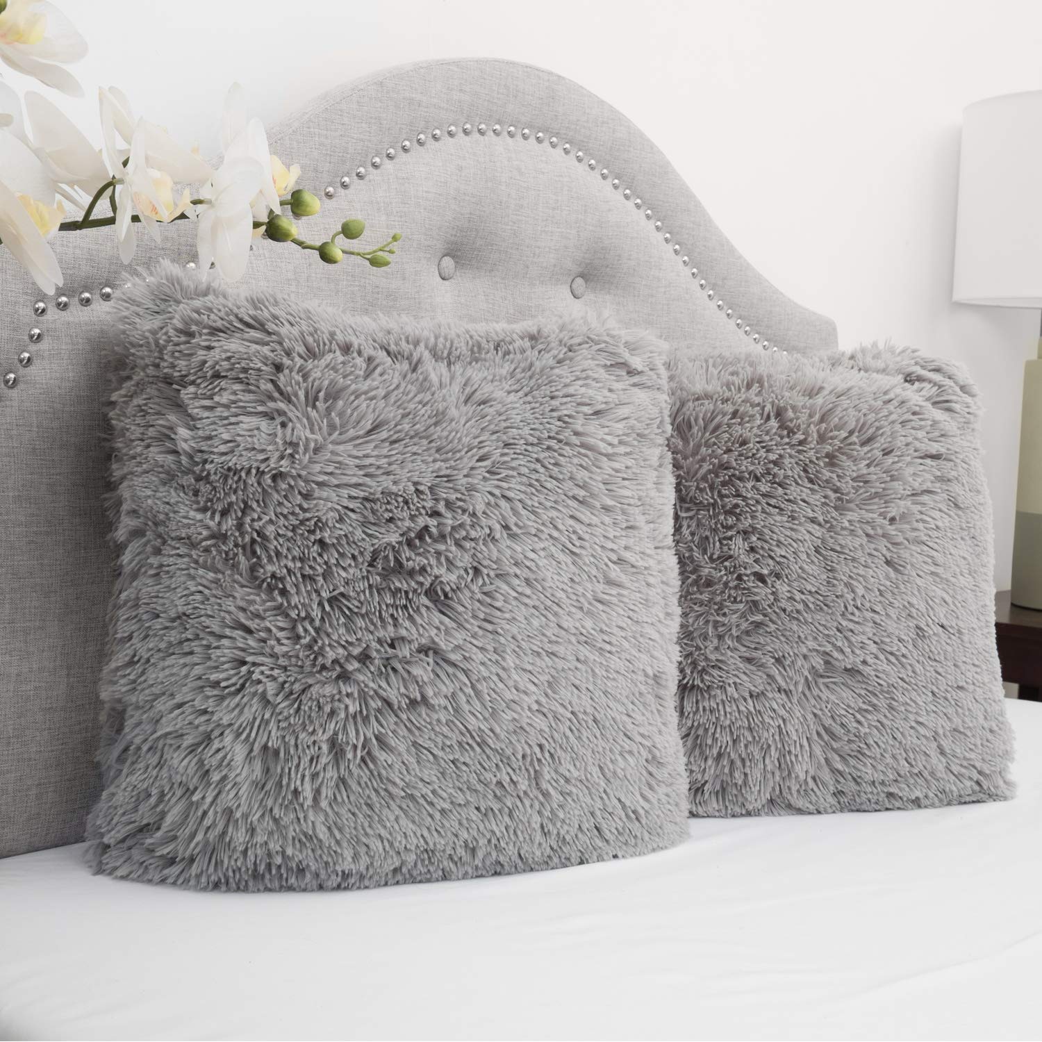 Sweet Home Collection 2Pk Plush Pillow Faux Fur - Soft And Comfy Throw Pillow - Silver