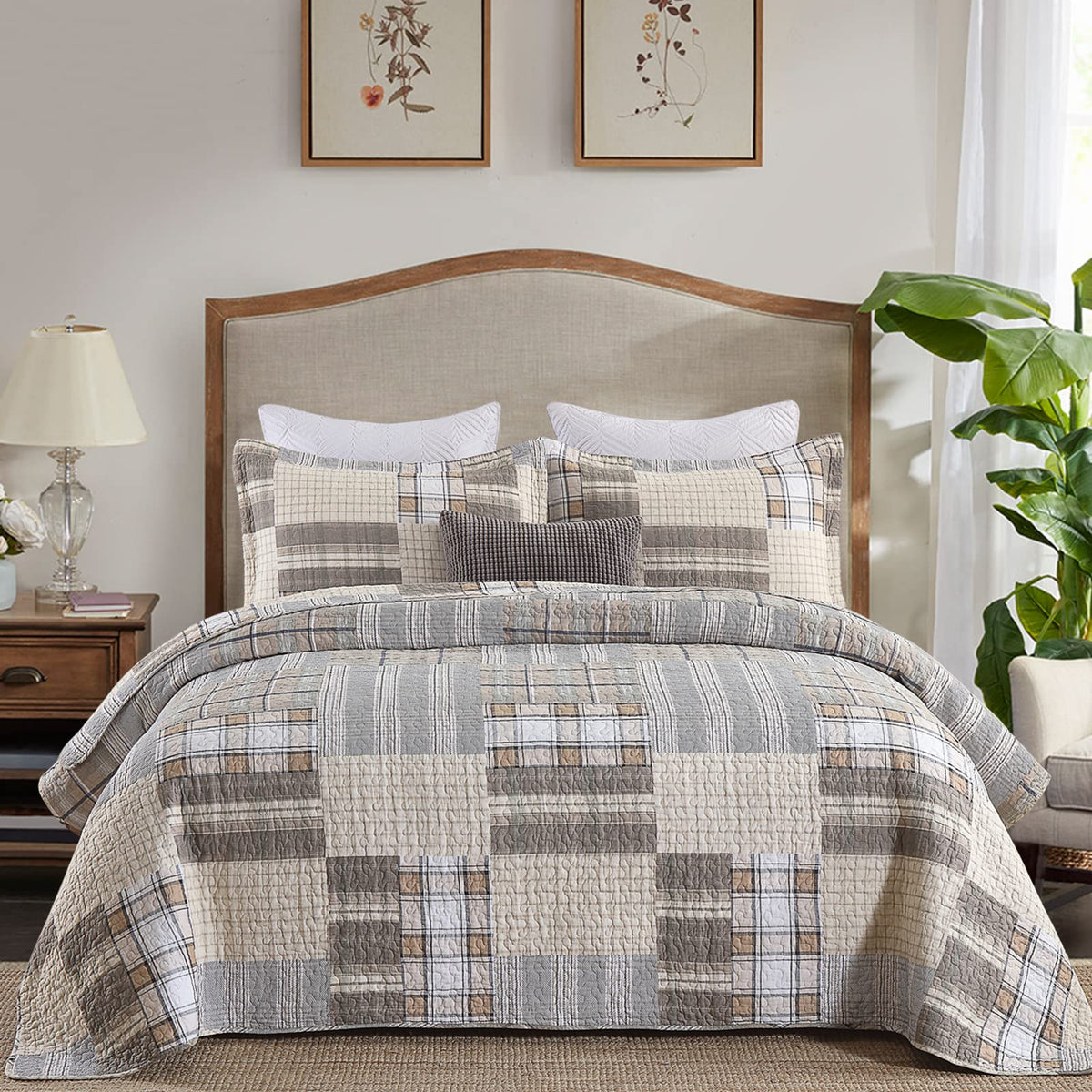 Pangushan Quilts Sets Queen Size,100% Cotton Queen Quilt Bedspreads Bedding Set,Patchwork Plaid Quilt For Queen Bed,Tan/Grey Far
