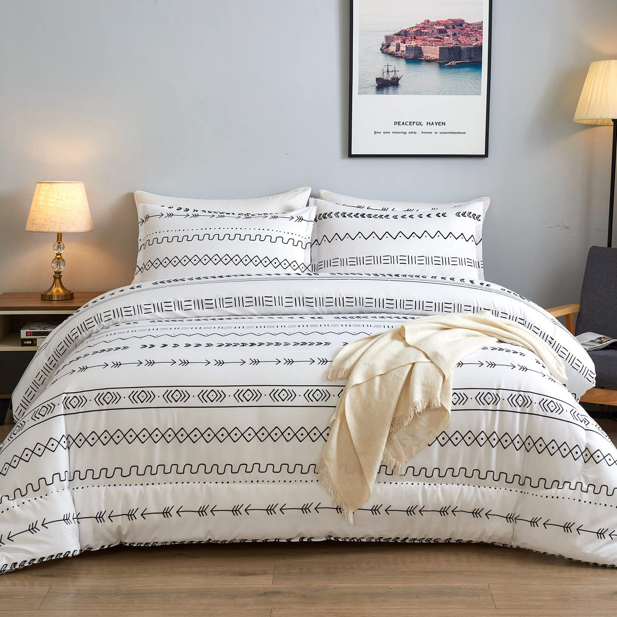 Andency White Boho Comforter Queen Size (90X90Inch), 3 Pieces (1 Bohemian Striped Comforter+2 Pillowcases) Aztec Geometric Trian