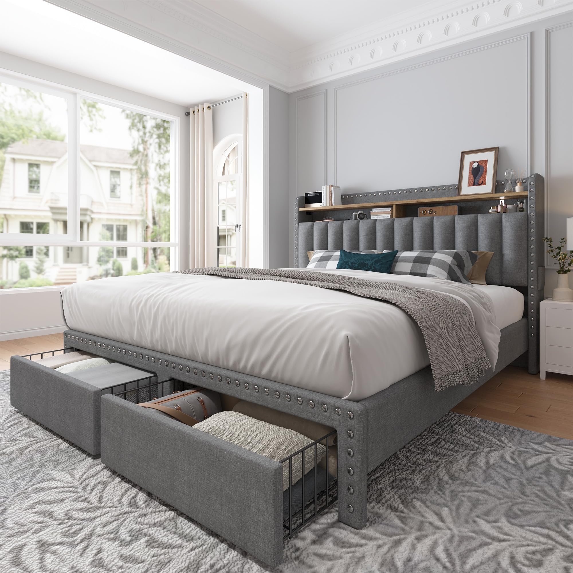 Enhomee Full Size Bed Frame With Headboard And Storage, Upholstered Full Bed Frame With Storage, Grey Full Bed Frame With 2 Drawers, Full Size Bed Frame With Storage, No Noise,No Box Spring Needed