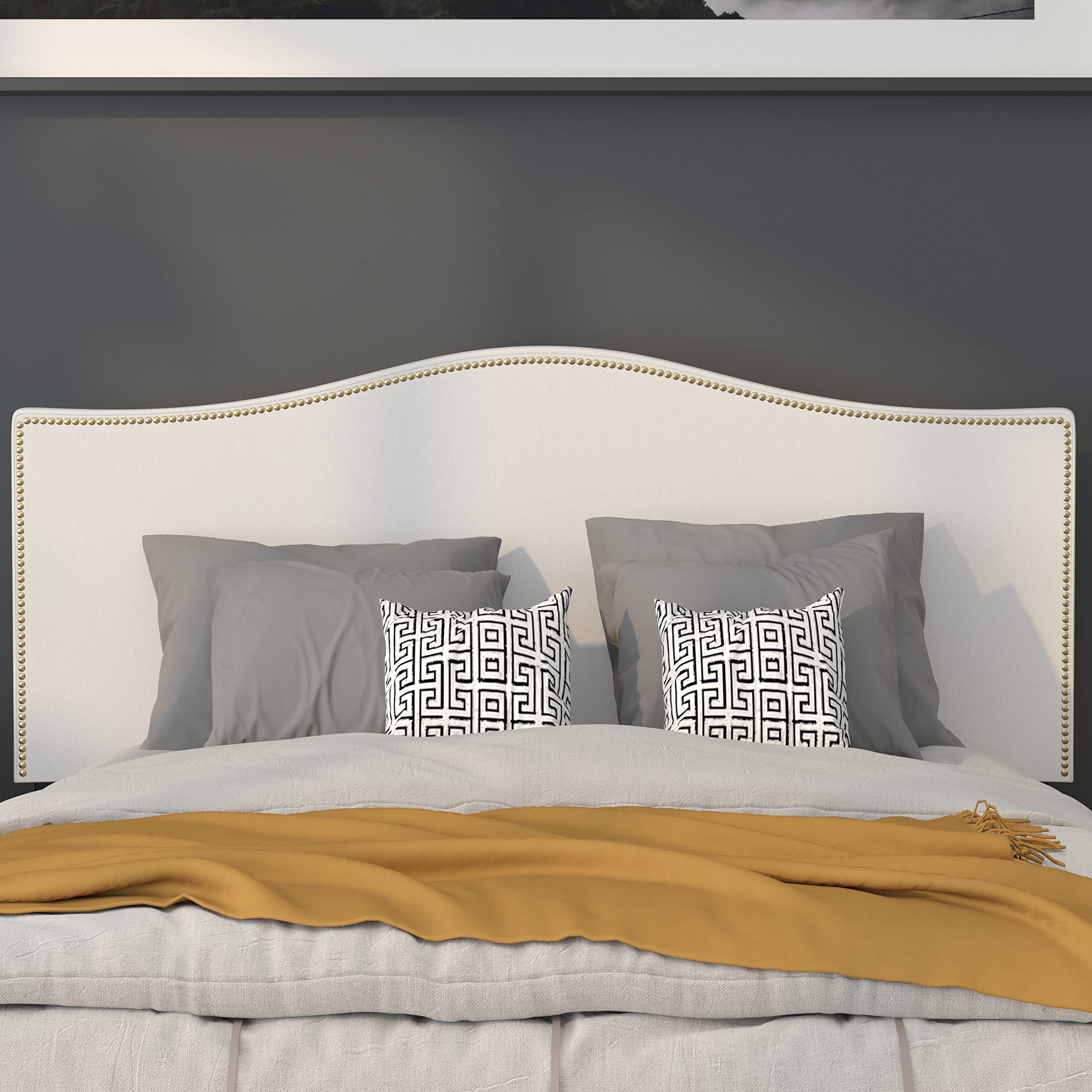 Flash Furniture Lexington Upholstered Full Size Headboard With Accent Nail Trim In White Fabric