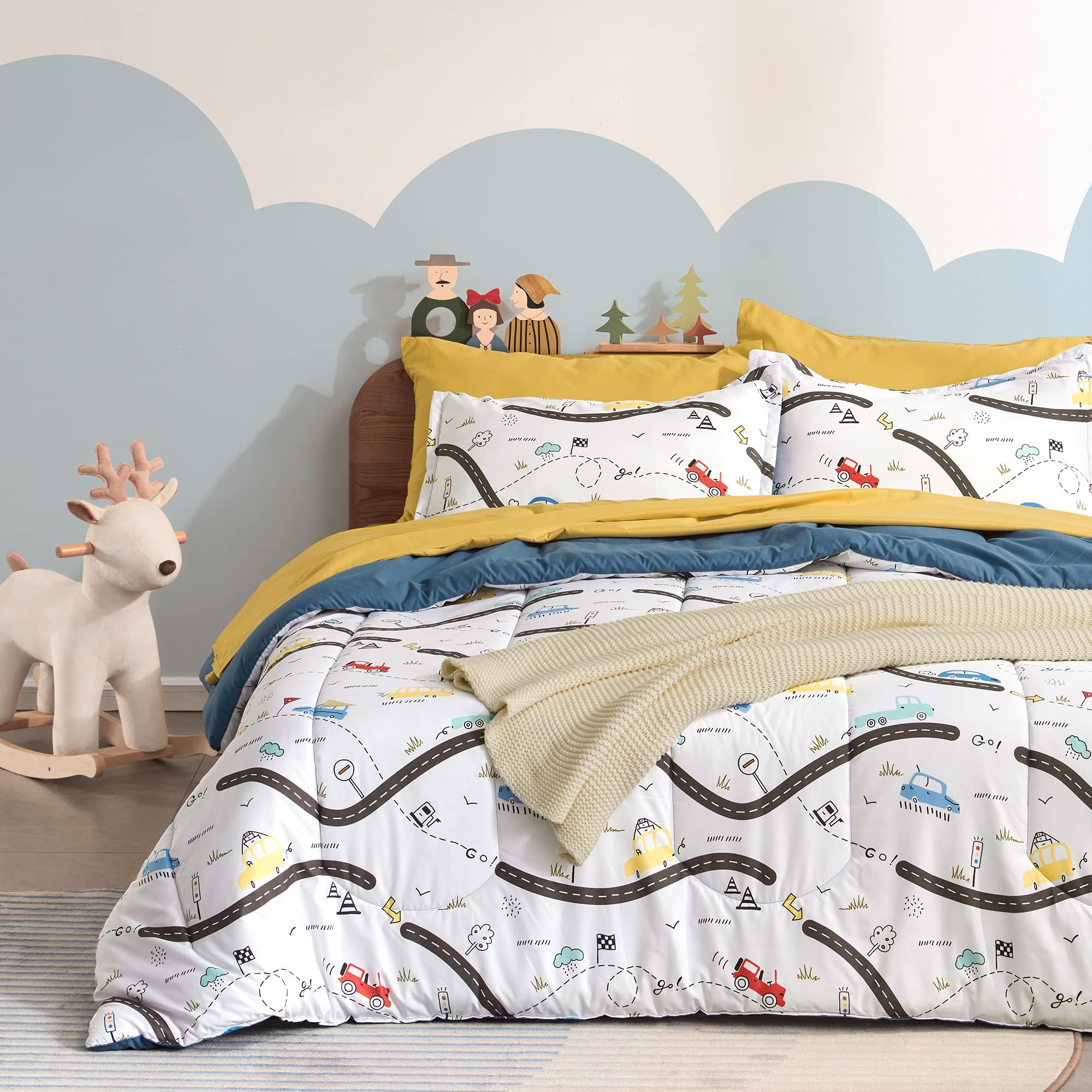 Sleep Zone Kids Bedding Twin Comforter Set - Cute Printed For Boys, Girls, Teens, Super Soft, Fade Resistant, Car Road, Twin