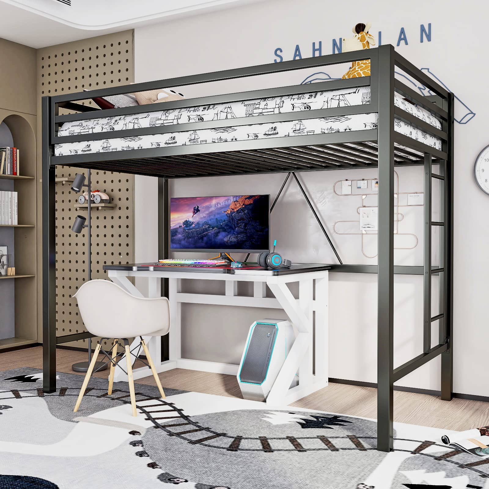ikalido Metal Loft Bed Twin Size with Safety Guardrail and Ladder, No Box Spring Needed Space Saving Bedroom Furniture, Matte Bl
