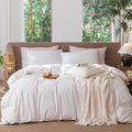 MooMee Striped Duvet Cover Set 100% Washed Cotton Linen Like Textured Breathable Durable Soft Comfy (White Heathered Greyish Pin