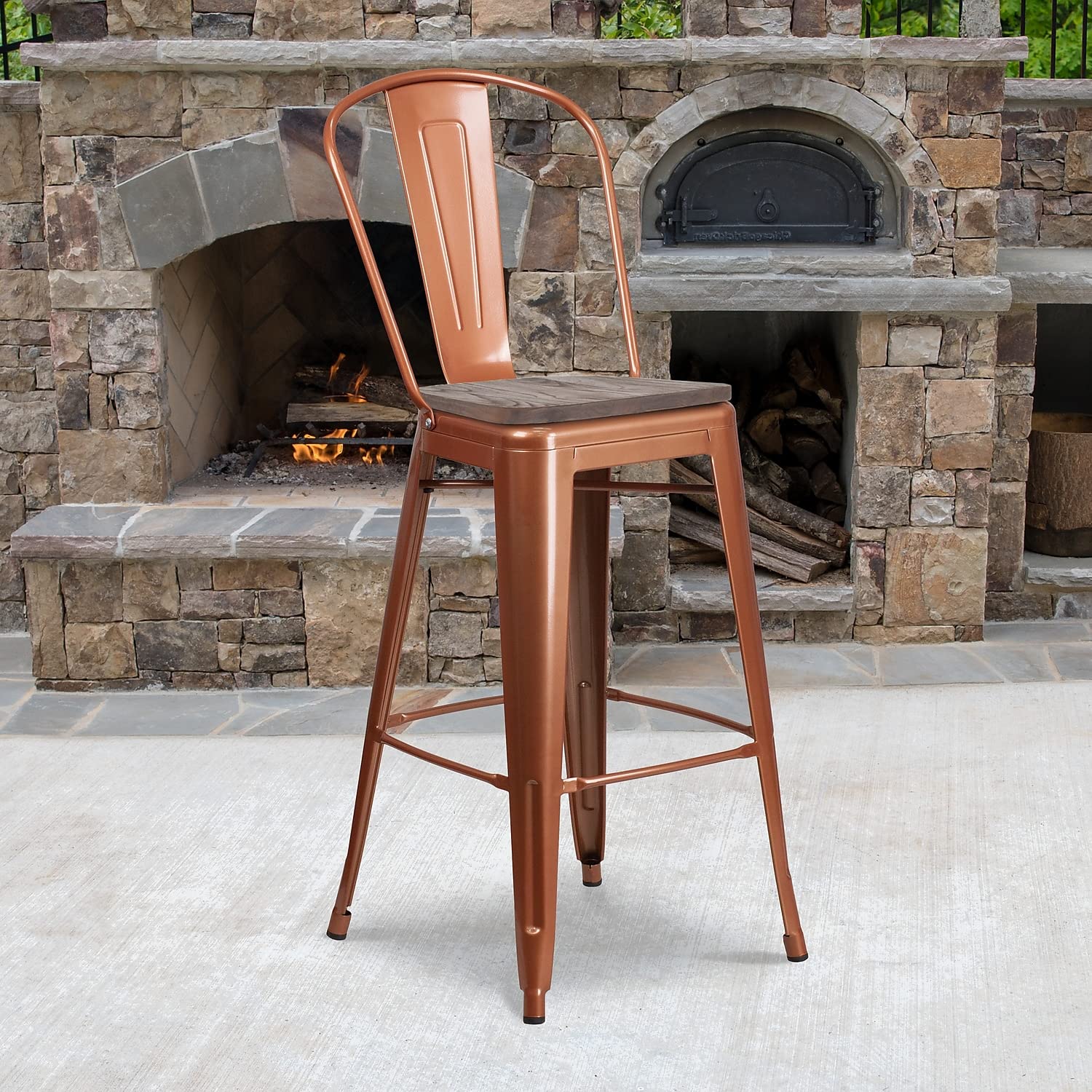 Flash Furniture 30' High Copper Metal Barstool With Back And Wood Seat