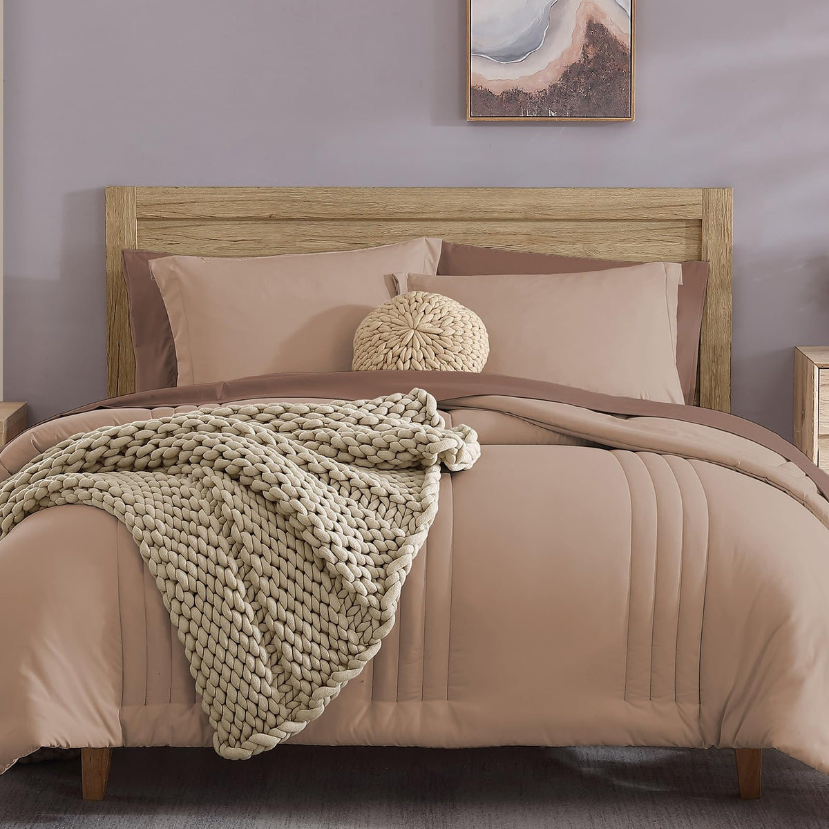 Monbix Queen Comforter Set - 7 Pieces Rust Pink Bed In A Bag Queen Bedding Sets With Comforters, All Seasons Down Alternative Co