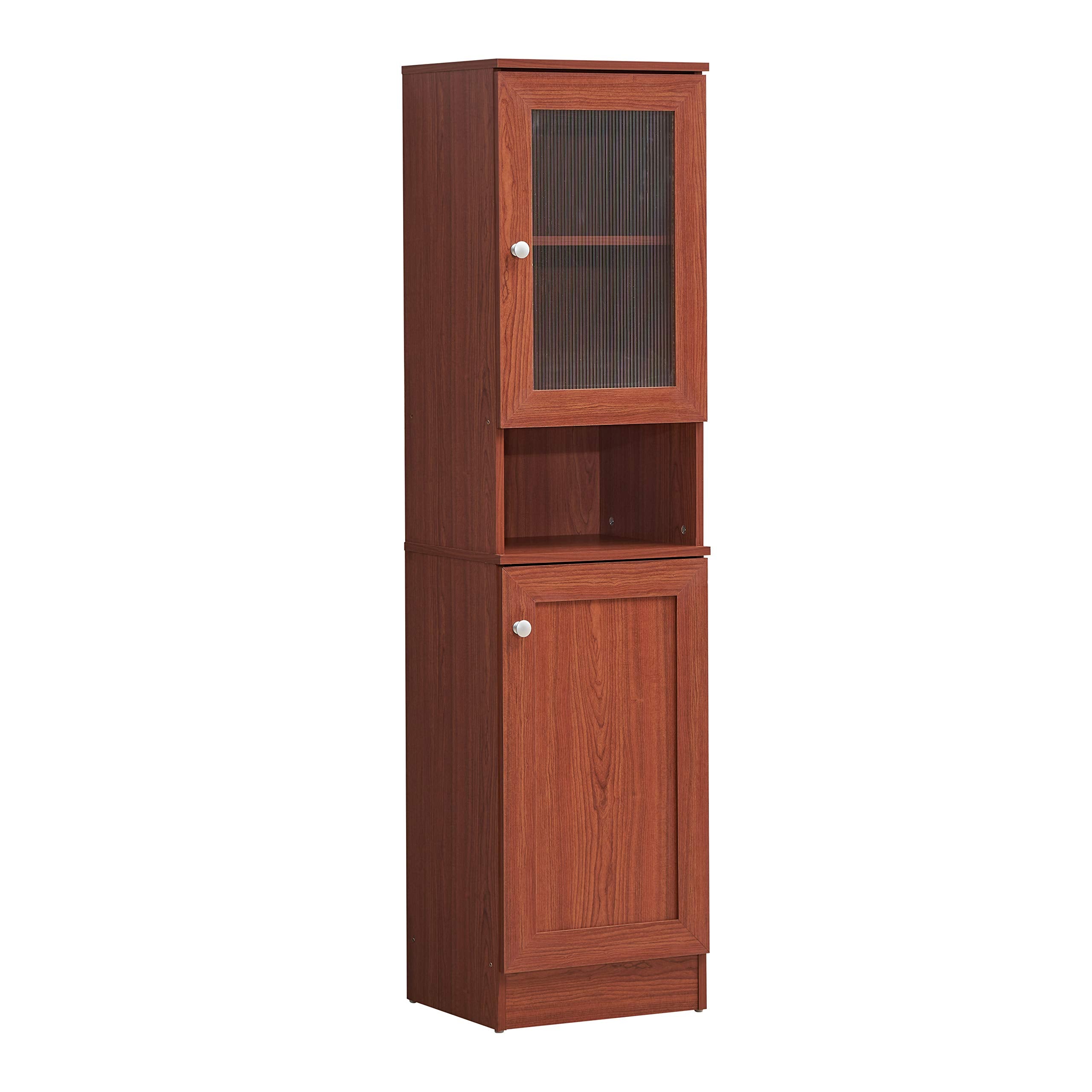 Hodedah 63 Tall Slim Open Shelf Plus Top and Bottom Enclosed Storage Kitchen Pantry, Cherry