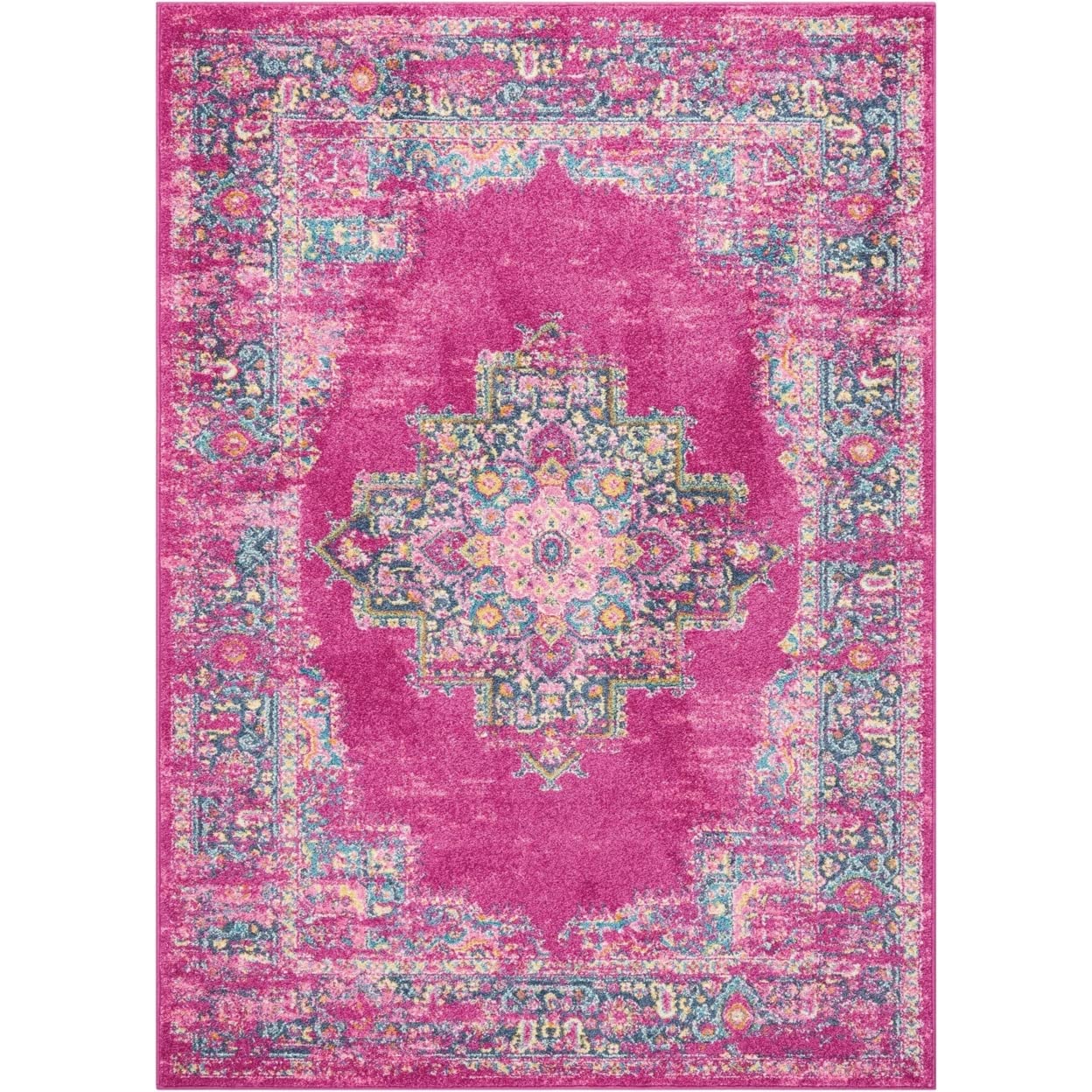 HomeRoots 100% Polypropylene 4’ x 6’ Fuchsia and Blue Distressed Area Rug