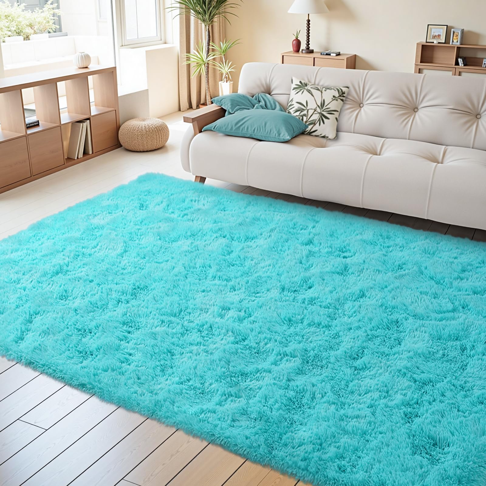 FinRec Soft Blue Rugs for Bedroom Living Room, 4x6 Feet Modern Indoor Fuzzy Shaggy Area Rug, Non-Slip Fluffy Furry Rug for Nurs