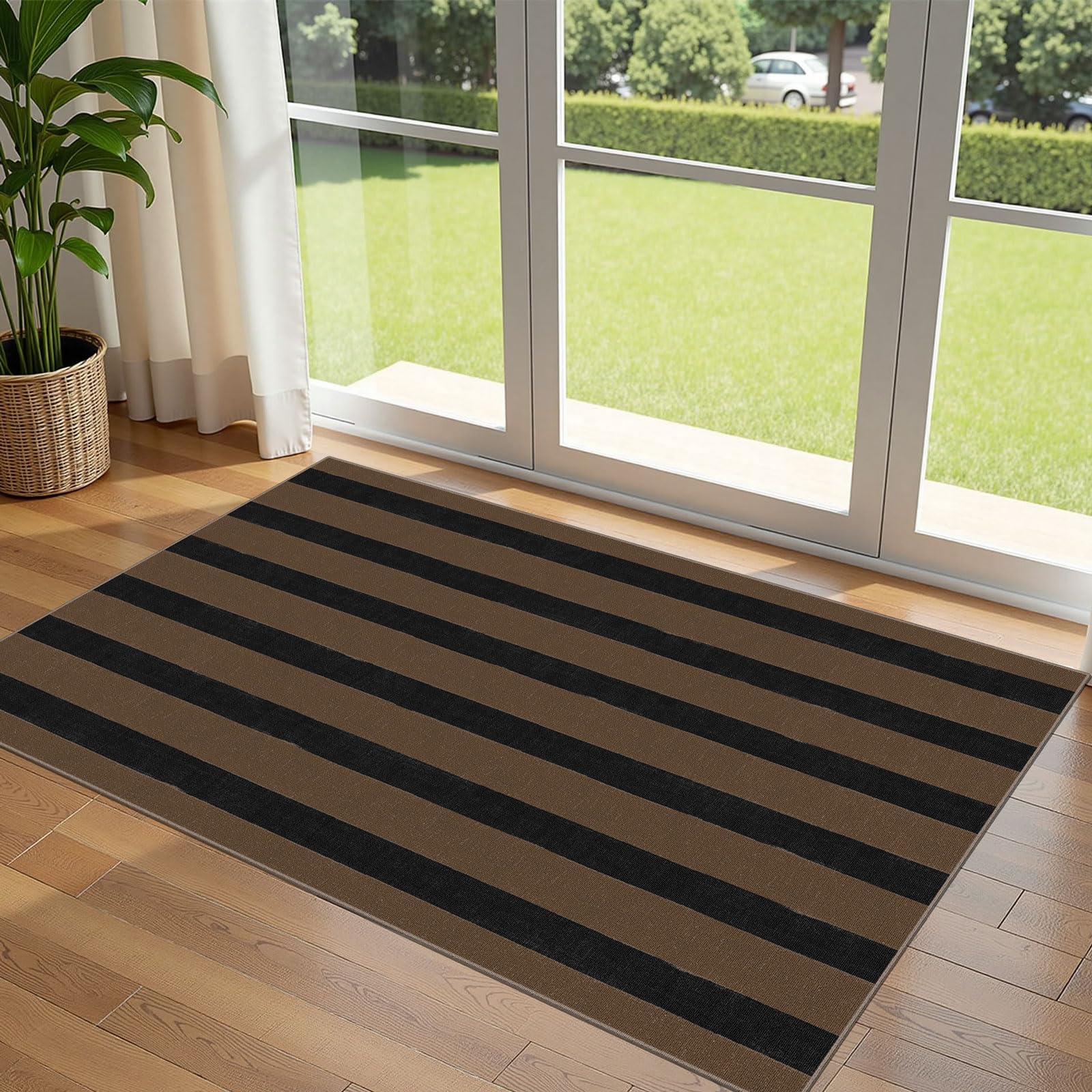 Othilic Black Tan Striped Entry Rug - 3x5 Ft Washable Indoor Outdoor Front Door Mat Outside Entrance Front Porch Mat Non-Slip Fl