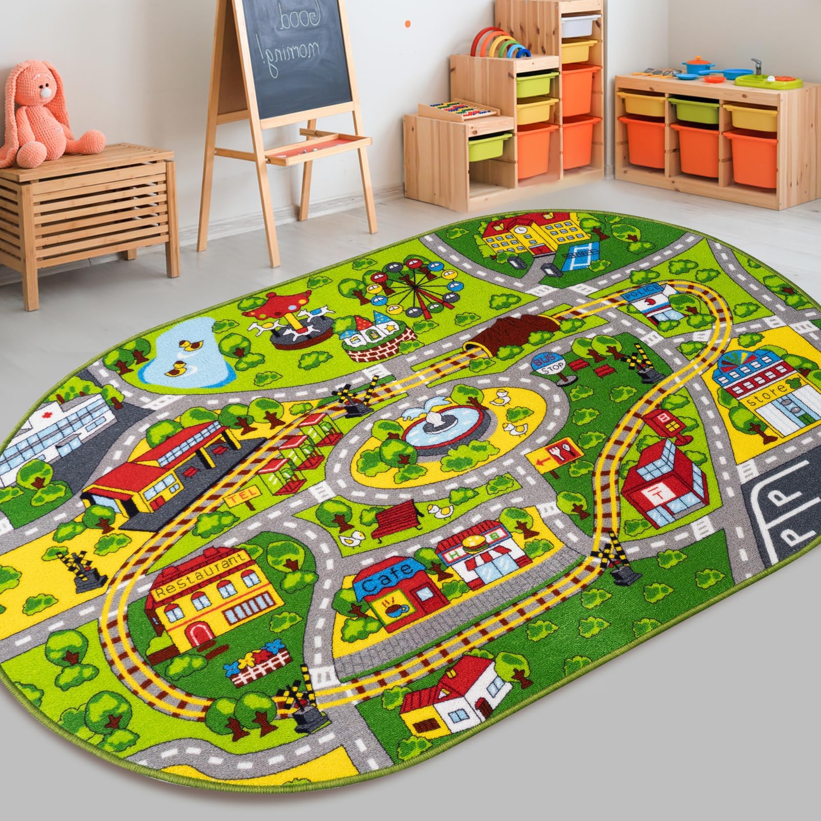 Booooom Jackson Car Rug-Train Rug-Road Rug-Kids Rugs for Playroom-Oval Rug-Car Area Rug-Kid Car Rug Play Mat-Car Mat for Kids To