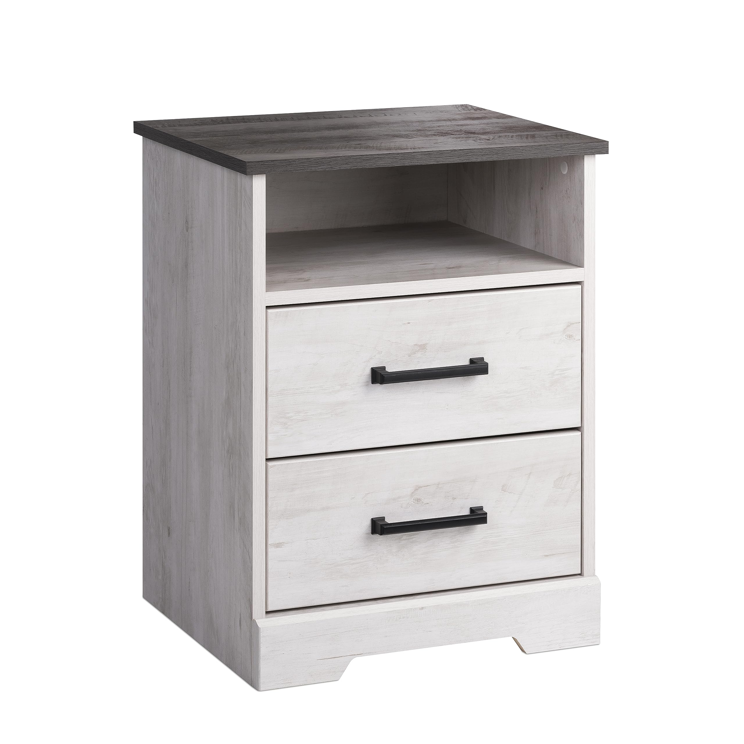 Prepac Rustic Ridge Farmhouse Bedroom Nightstand With 2 Drawers And An Open Cubby, Wooden Bedside Table For Bedroom, Office, Or Living Room, 16.25In X 18.75In X 24.5In, Washed White