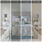 510 Design Luxe Quilted Comforter Set Modern Transitional Design, All Season Down Alternative Warm Bedding Matching Shams, Bedskirt, Decorative Pillow, King, Shawnee Scrollwork Seafoam