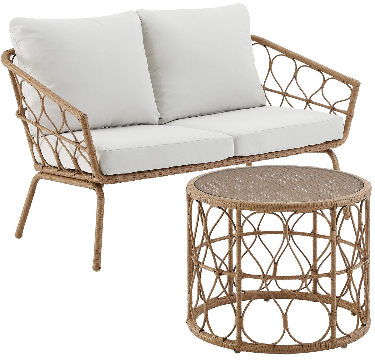 Crosley Furniture Juniper 2-Piece Rattan Wicker Outdoor Loveseat and Round Coffee Table Patio Furniture Set, Natural with Crème Cushions