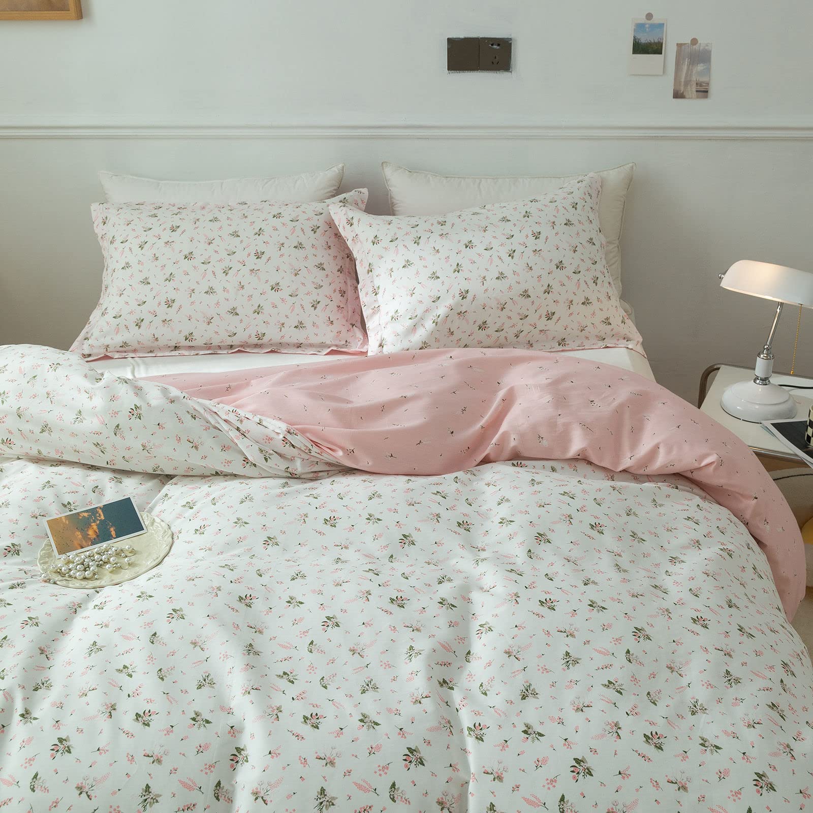 EAVD Vintage Floral Duvet Cover Full Size Cotton Girls Garden Pink Floral Bedding Sets Fulll Aesthetic Floral Comforter Cover wi