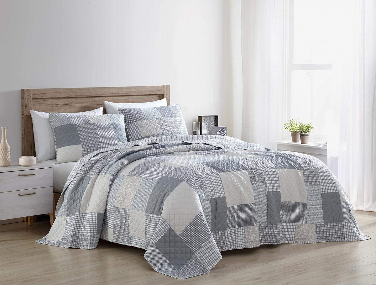 Chezmoi Collection Anderson 3-Piece Printed Patchwork Quilt Set - Plaid Checkered Stripe Coverlet - Pre-Washed Microfiber Lightw