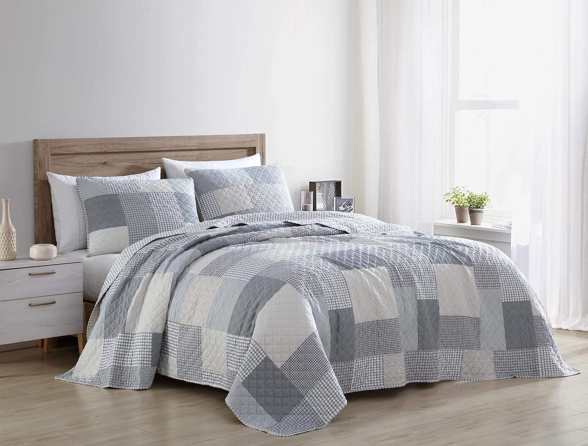 Chezmoi Collection Anderson 3-Piece Printed Patchwork Quilt Set - Plaid Checkered Stripe Coverlet - Pre-Washed Microfiber Lightw