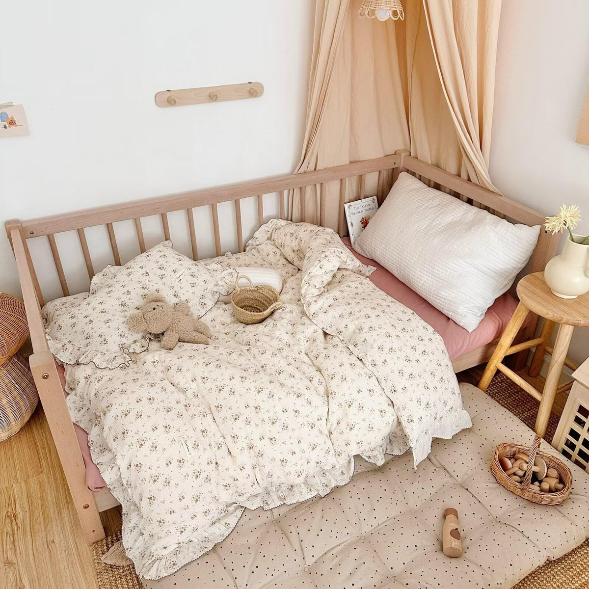 Bulutu Beige Kids Toddler Baby Duvet Cover Girls Muslin Duvet Covers Floral Nursery Quilt Cover Gauze Bedding Coverlet, 47'X59'