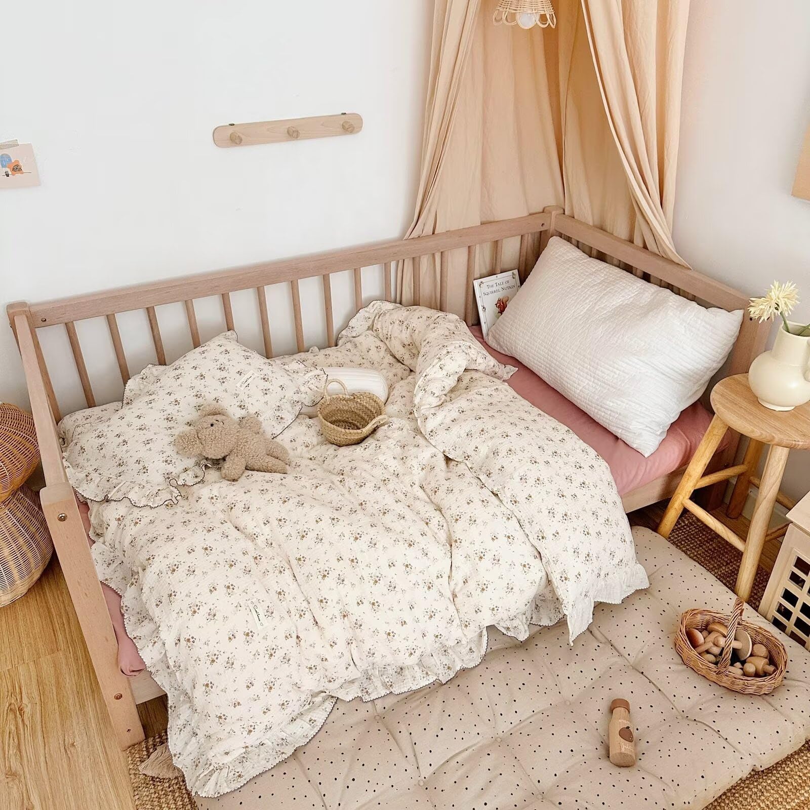 Bulutu Beige Kids Toddler Baby Duvet Cover Girls Muslin Duvet Covers Floral Nursery Quilt Cover Gauze Bedding Coverlet, 47'X59'
