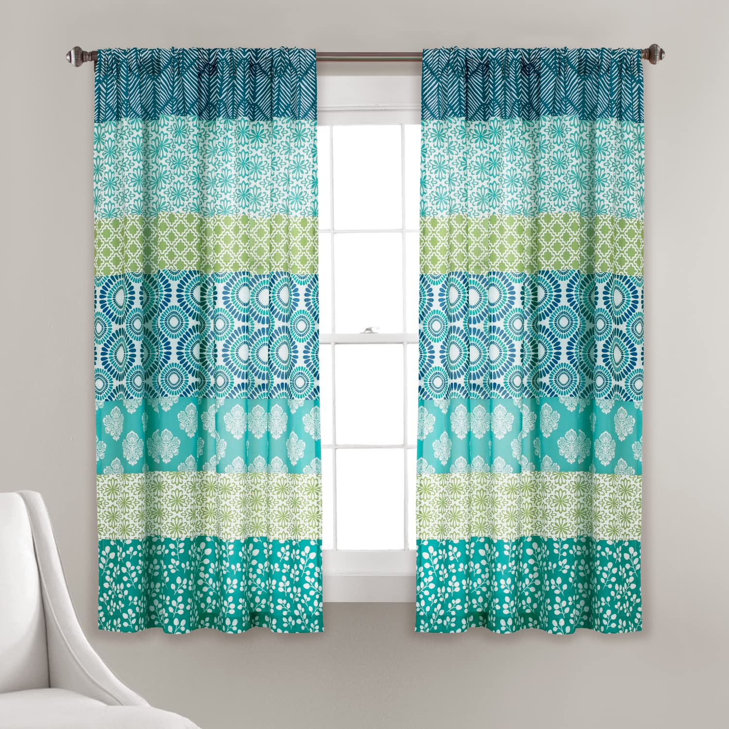 Lush Decor Bohemian Stripe Window Curtain Panels, Pair, 52' W X 63' L, Blue & Green - Colorful Short Curtains - Maximalist & B