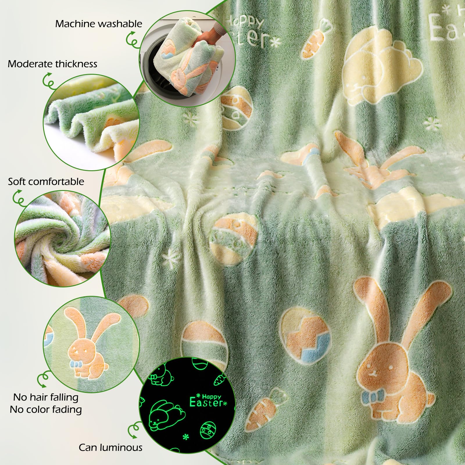 Lifeyj Glow In The Dark Easter Blanket Gifts For Girls Boys, Soft Easter Egg Rabbit Green Blanket 3 4 5 6 7 8 9 10 Year Old Girl