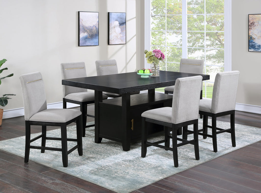 Steve Silver Furniture Yves 7PC Counter Table Set, 64-78" Table w/ 6 Yves Counter Chairs, Storage Pedestal Base, 3 Shelves, Dining Room, 64" L x 42" W x 36" H, Black, Gray