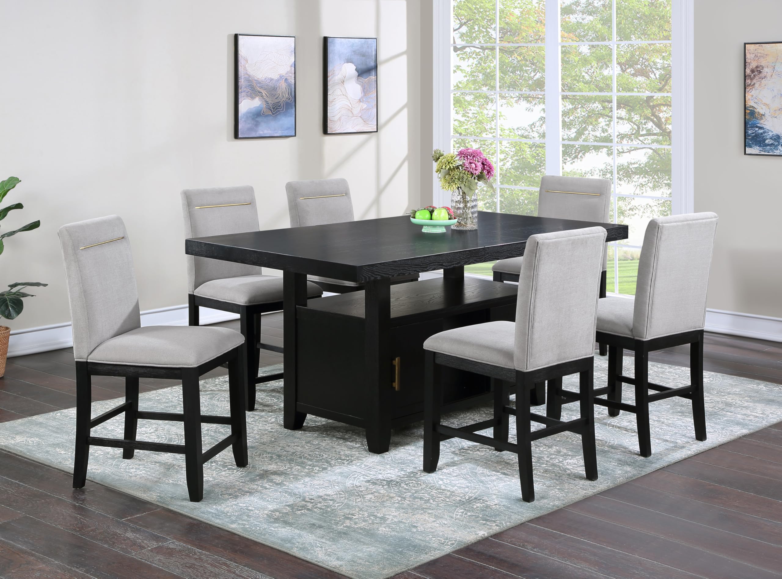 Steve Silver Furniture Yves 7PC Counter Table Set, 64-78" Table w/ 6 Yves Counter Chairs, Storage Pedestal Base, 3 Shelves, Dining Room, 64" L x 42" W x 36" H, Black, Gray