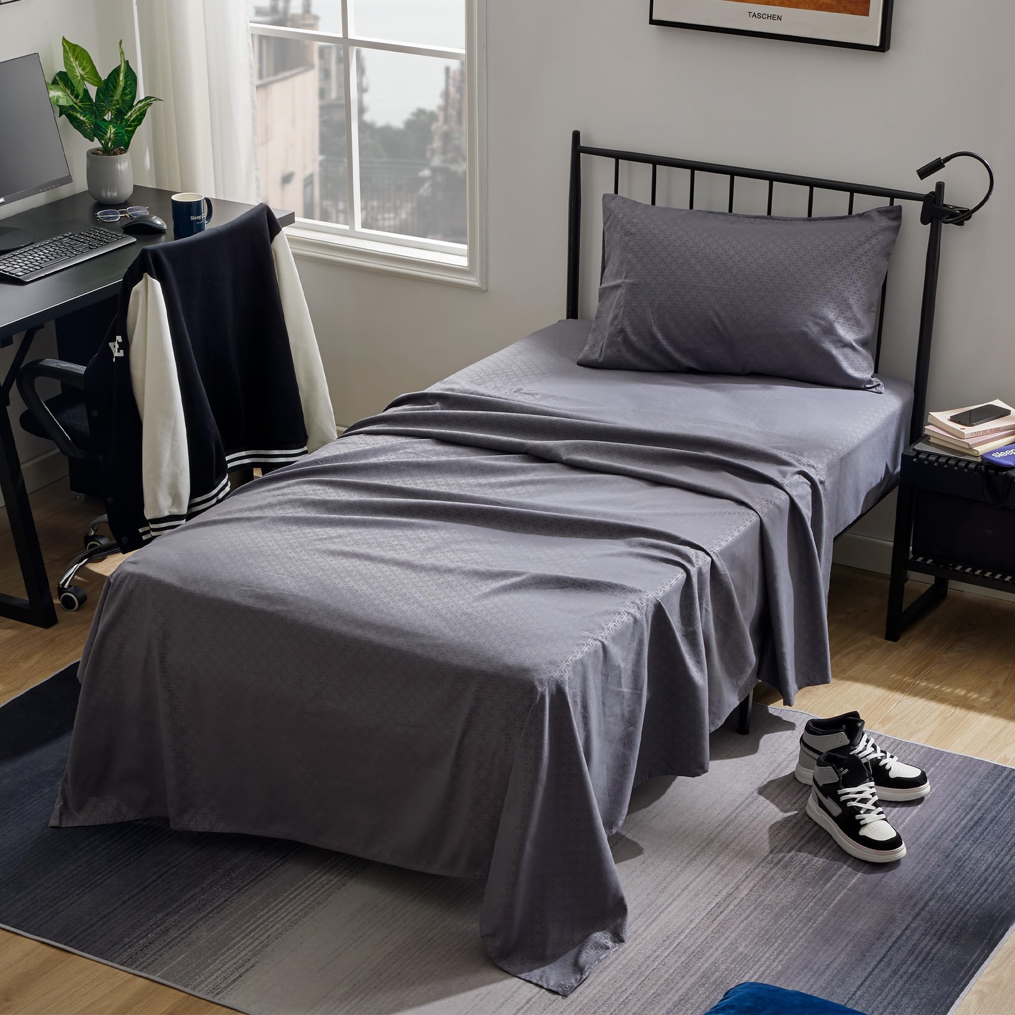 Sleep Zone Luxury Embossed Twin Bed Sheets Set For Kids, Four-Leaf Clover Pattern Sheet & Pillowcase Sets 3 Piece - Super Soft, Wrinkle Free, Fade Resistant, Deep Pocket 16' (Gray, Twin)