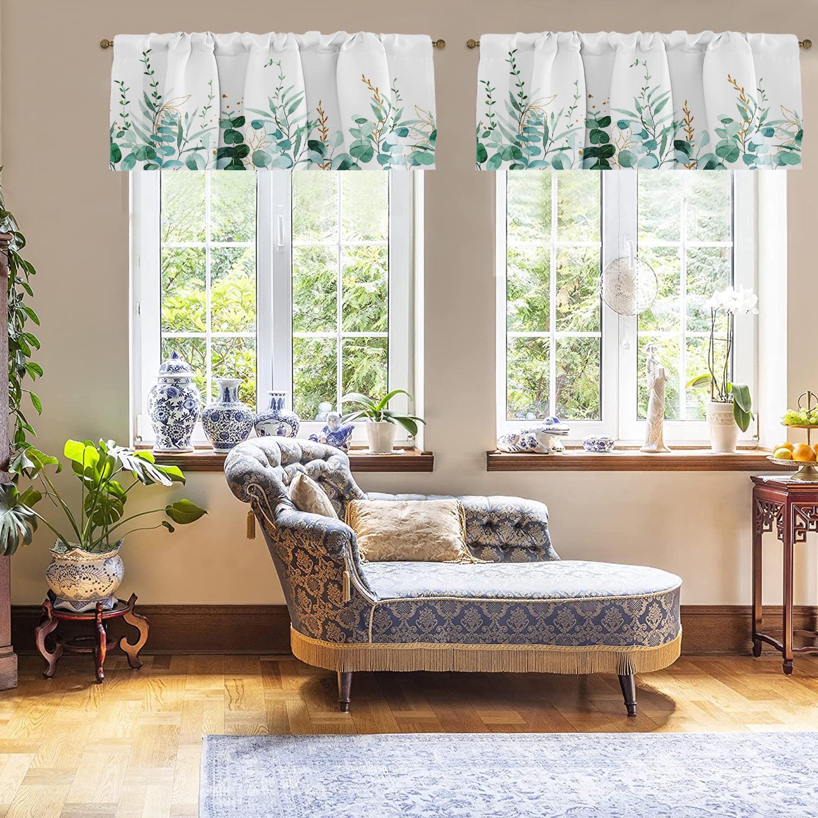 Emvency 2 Pack Valances Window Treatments, Green Eucalyptus Leaves Golden Leaf Blackout Drapes Adjustable Curtain Valances For W