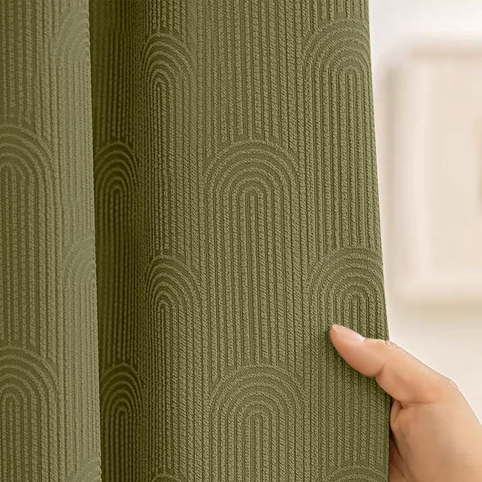 Awellife Boho Shower Curtains For Bathroom Linen Fabric Matcha Green Cotton Bohemian Mid Century Minimalist Arch 72' L X 72' W