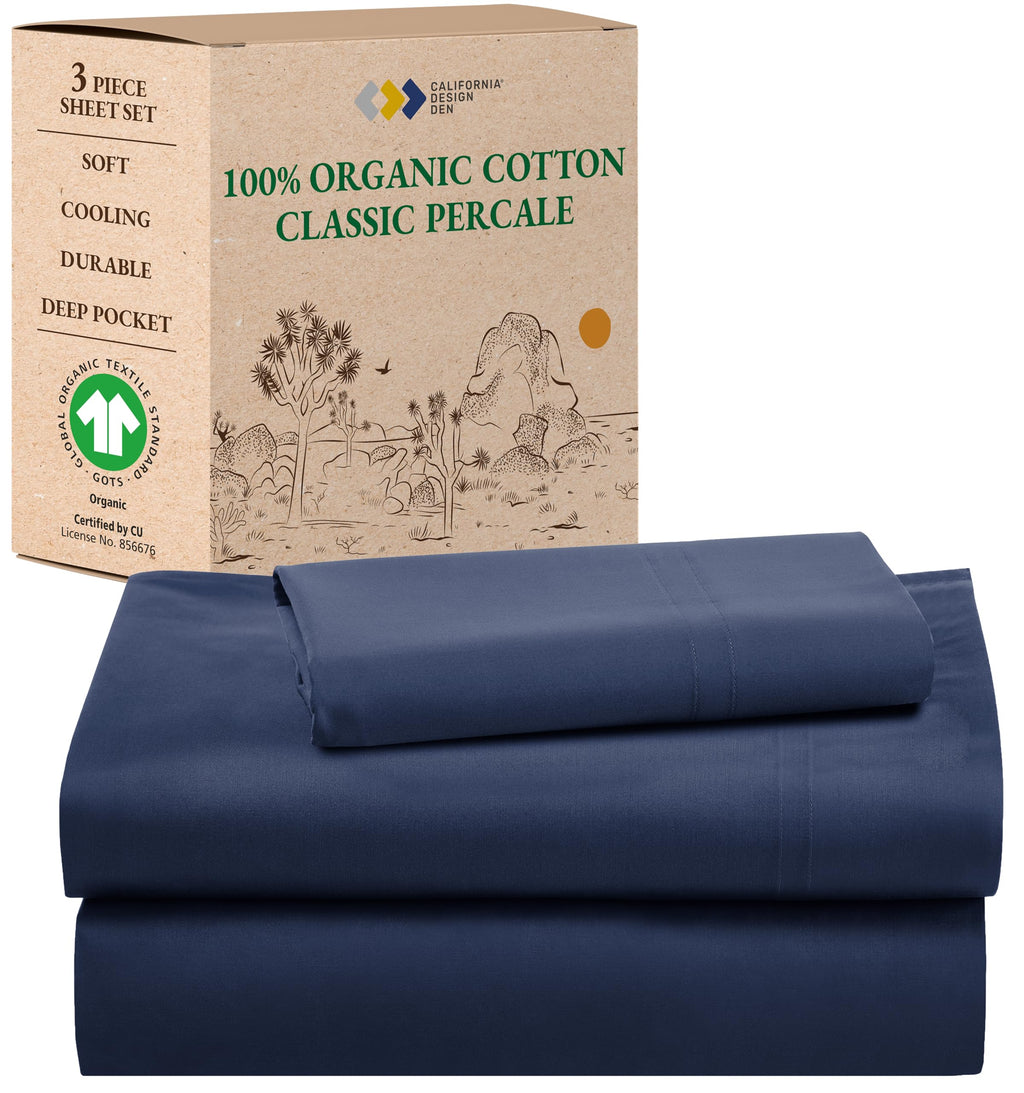 California Design Den 100% Organic Cotton Twin Xl Sheet Set, Deep Pockets Percale Sheets, Gots Certified Soft, Crisp, Cooling Sheets, Xl Twin Sheets, Navy Blue Sheets For Dorm, Hospitals