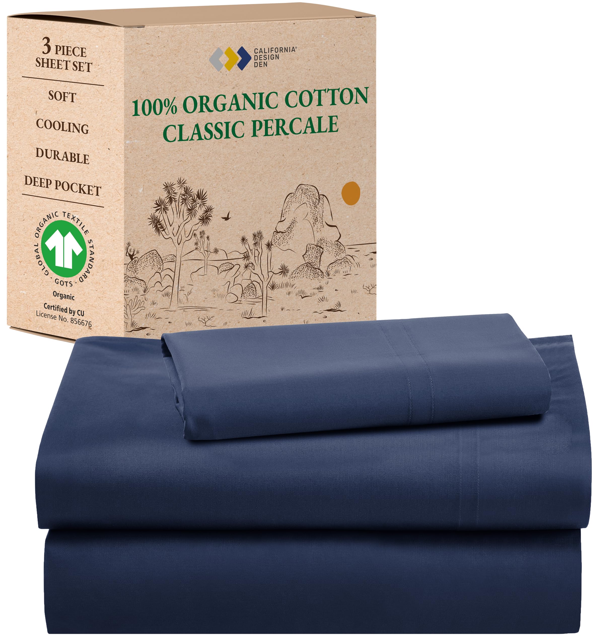 California Design Den 100% Organic Cotton Twin Xl Sheet Set, Deep Pockets Percale Sheets, Gots Certified Soft, Crisp, Cooling Sheets, Xl Twin Sheets, Navy Blue Sheets For Dorm, Hospitals