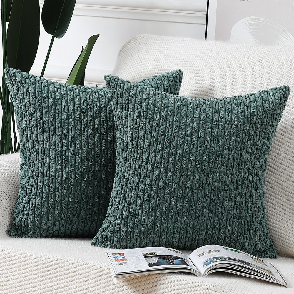 Madizz Pack Of 2 Boho Corduroy Striped Throw Pillow Covers 20X20 Inch Dark Green Soft Decorative Cushion Cover For Bedroom Sofa