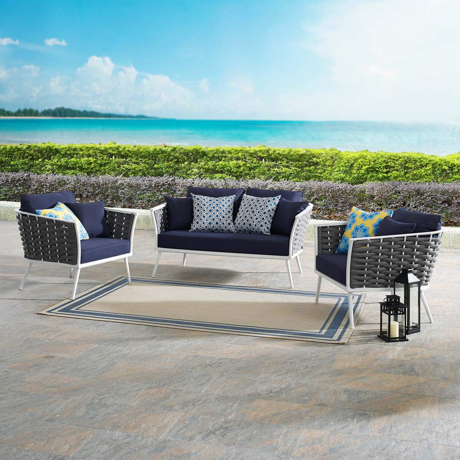 Modway Stance Outdoor Patio Aluminum, Loveseat And Two Armchairs, White Navy