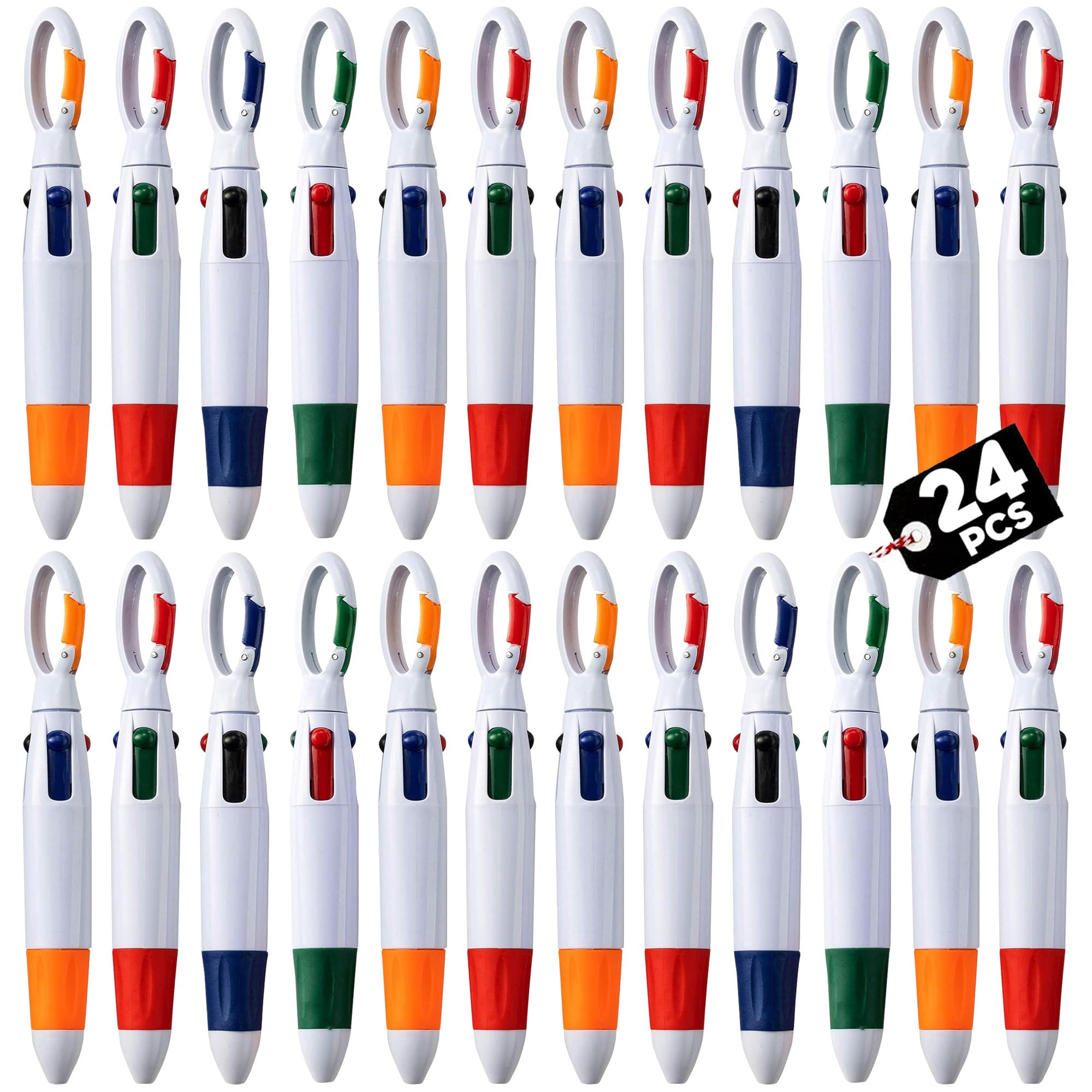 Retractable Shuttle Pens with Carabiner Clip- Pack of 24 Bulk Mini 4-in-1 Multi-Colored Ink Ballpoint Pens with Keychain for Adu