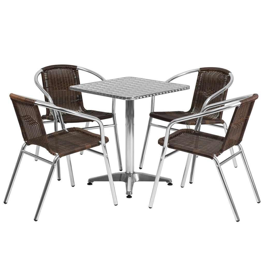 Flash Furniture 23.5'' Square Aluminum Indoor-Outdoor Table Set With 4 Dark Brown Rattan Chairs