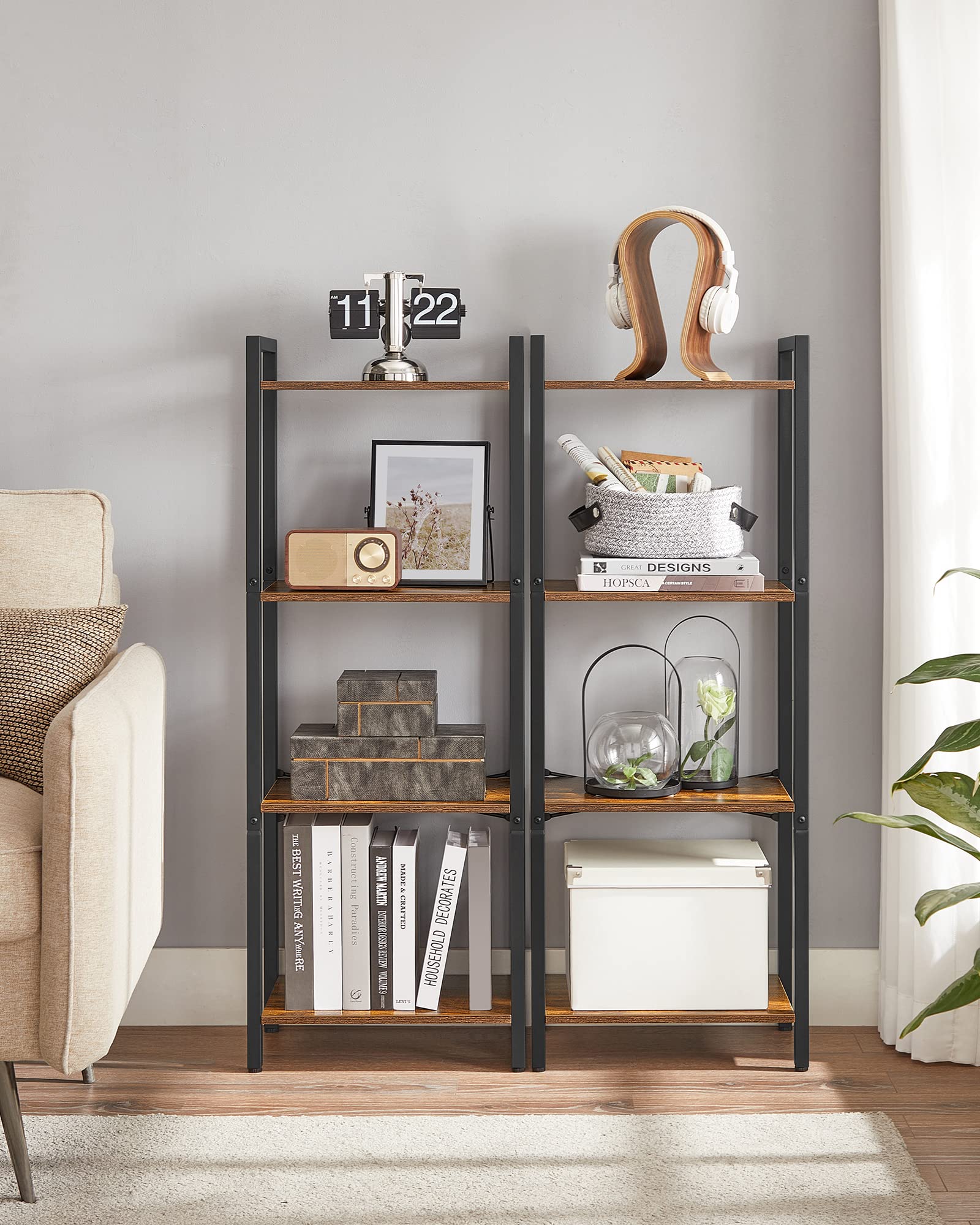 Vasagle 4-Tier Tall Bookshelf, Bookcase With Steel Frame, Book Shelf For Living Room, Home Office, Study, 9.4 X 15.7 X 42.1 Inches, Industrial Style, Rustic Brown And Black Ulls099B01