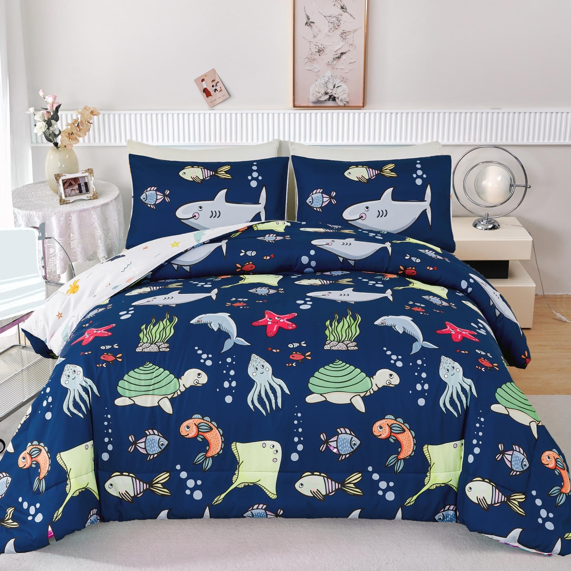 Rynghipy Kids Bedding Set For Twin Bed Reversible Ocean Animals Print Comforter Set For Boys Girls Easy-Wash Super Soft Microfib
