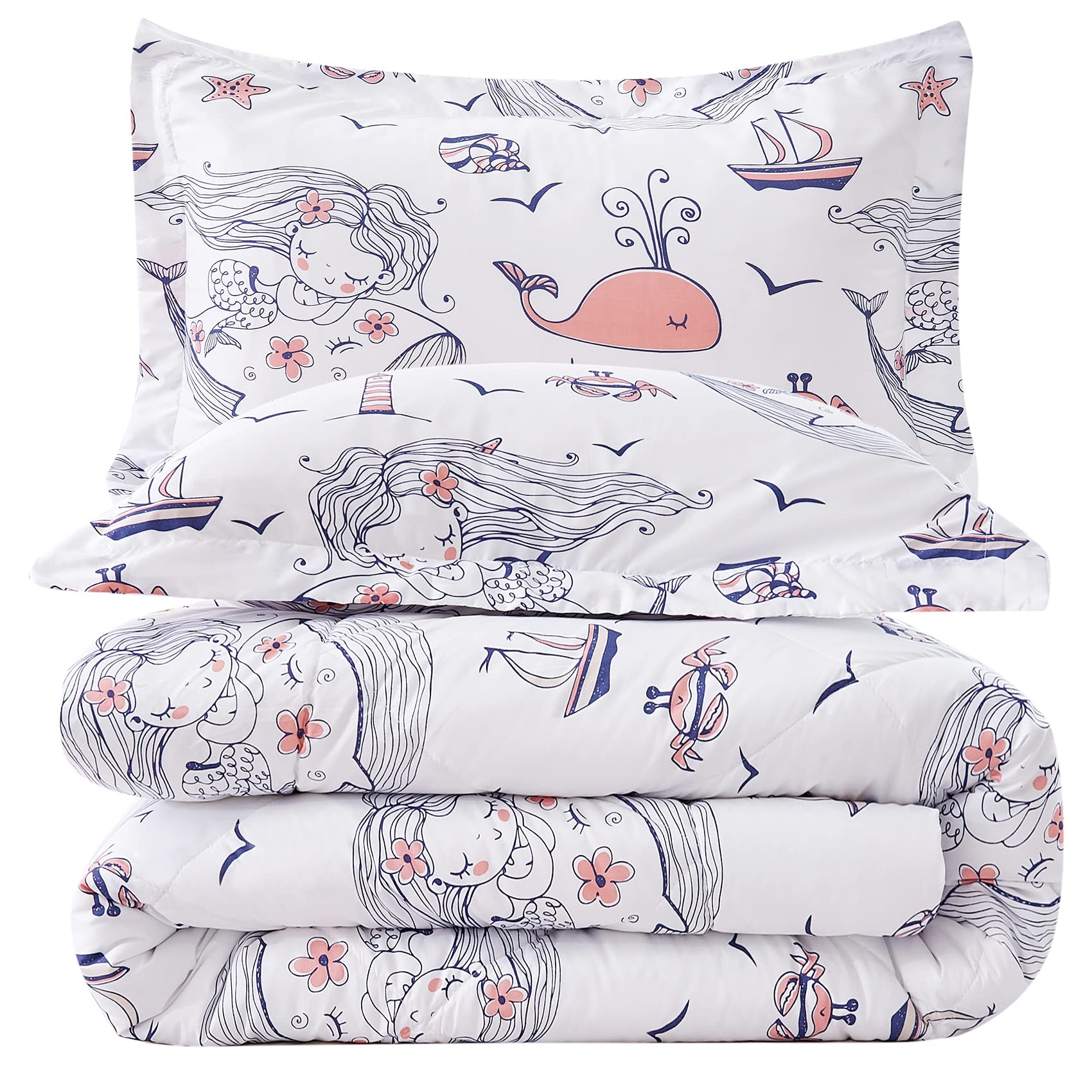 Jsd Mermaid Full Comforter Set For Girls, 3 Piece Ocean Theme Microfiber Comforter With Pillow Shams, Lightweight All Season Was