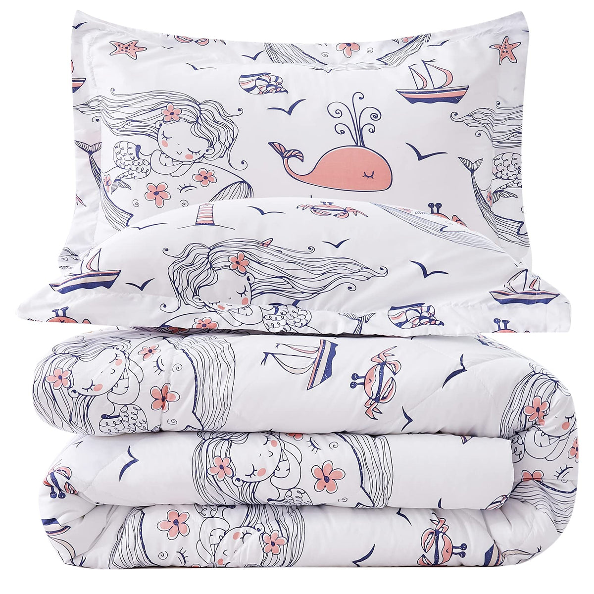 Jsd Mermaid Comforter Set Queen Size, 3 Piece Girls Ocean Theme Printed Comforter With Pillow Shams Machine Washable