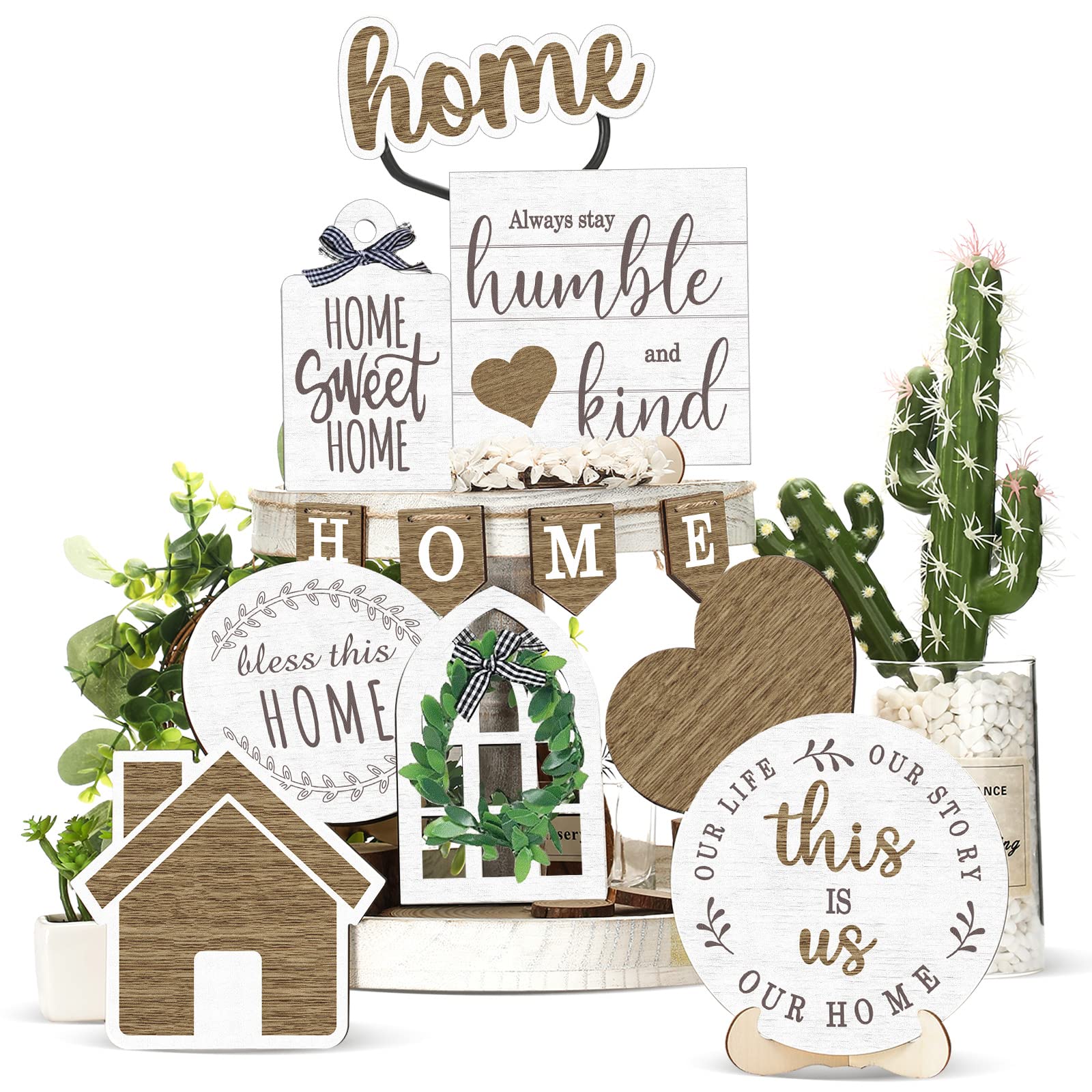 Maitys 10 Pcs Summer Beach Tiered Tray Decoration Set Farmhouse Rustic Home Decor Home Wood Sign Rustic Table Ornaments for Home