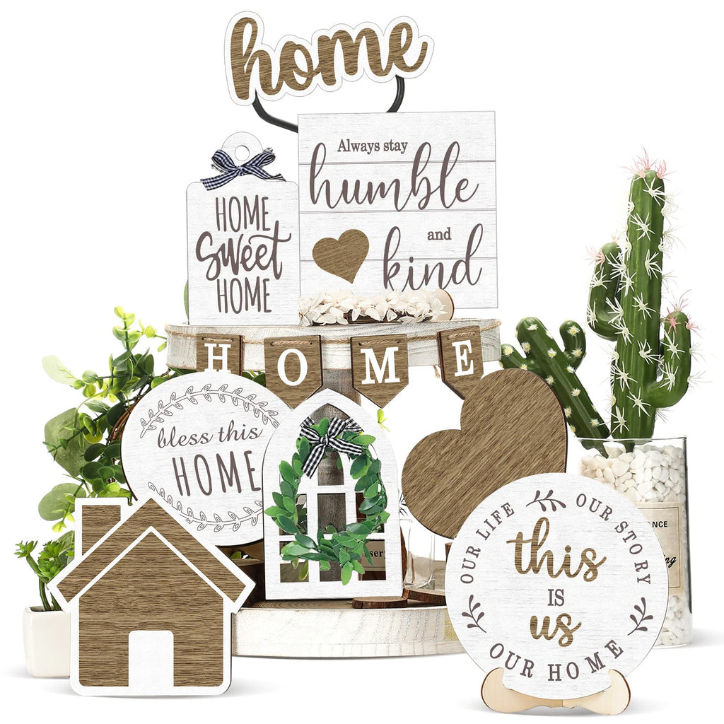 Maitys 10 Pcs Summer Beach Tiered Tray Decoration Set Farmhouse Rustic Home Decor Home Wood Sign Rustic Table Ornaments for Home