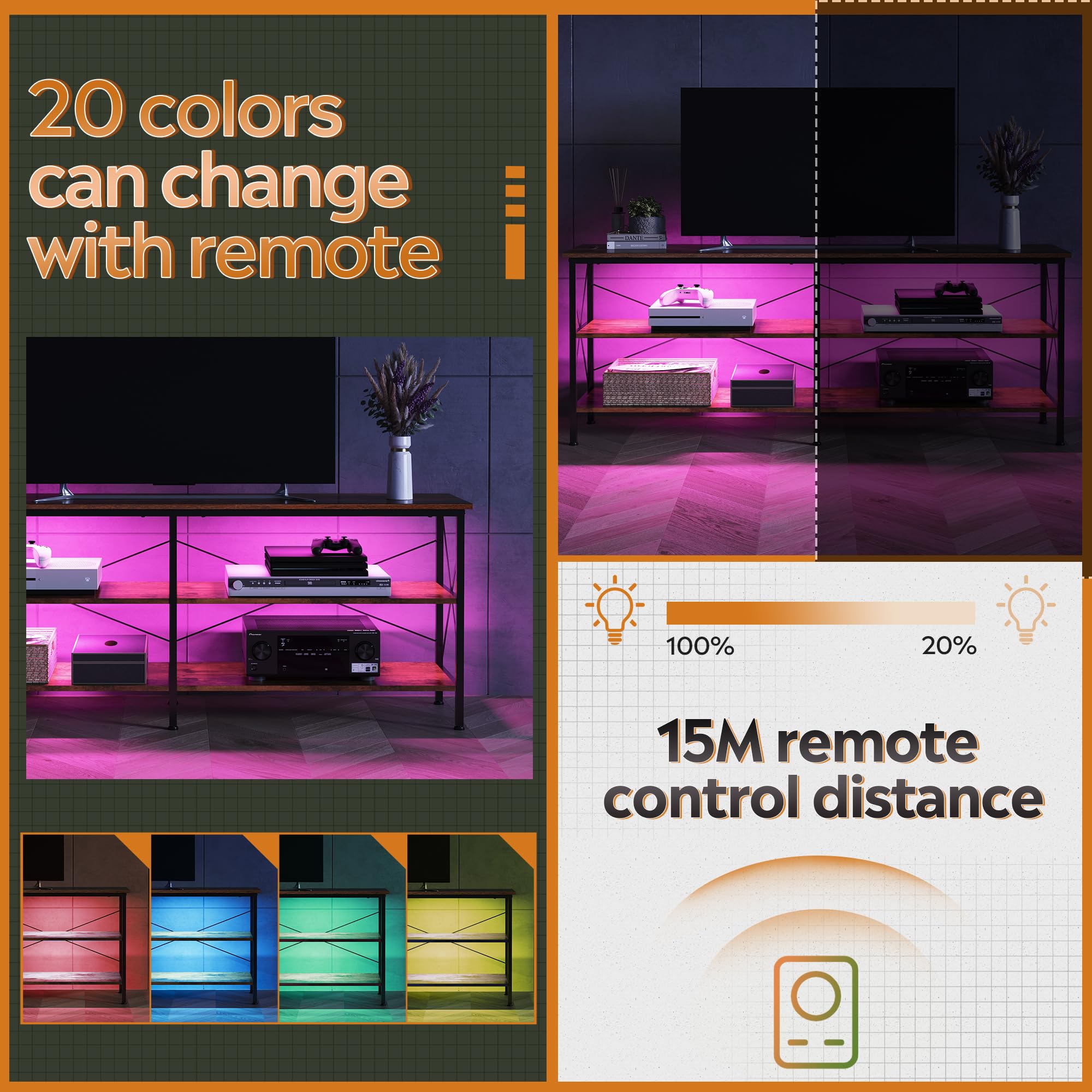 Wlive Tv Stand Up To 70 Inch Tv, 63' Entertainment Center With Led, Tv Media Console With 3-Tier Storage Shelves For Living Room And Bedroom, Rustic Brown