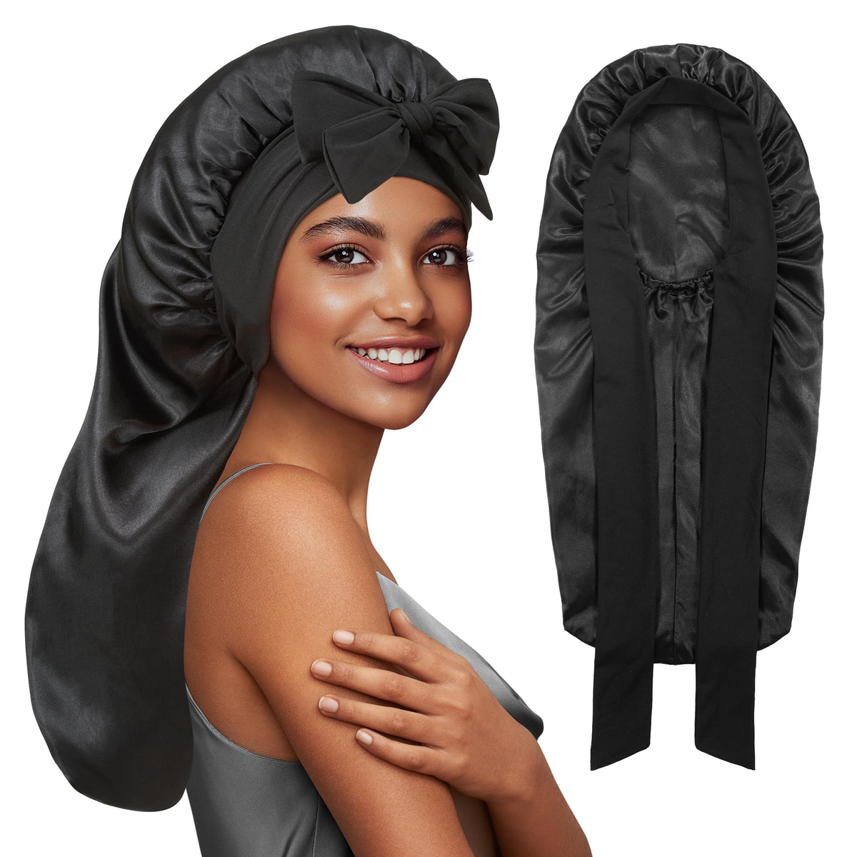 PHILIGHTS Long Bonnet with Tie Band, Satin Bonnet Silk Bonnet for Sleeping Women, Silk Hair Bonnet for Sleeping, Sleep Bonnets f