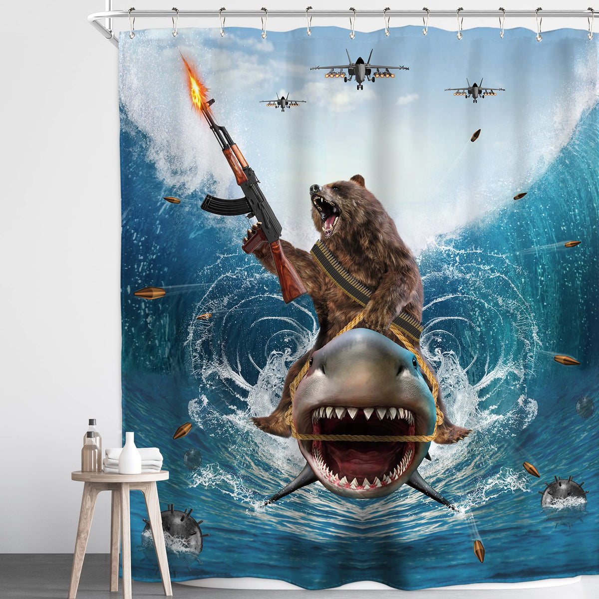 Homewelle Funny Cool Humor Shower Curtain For Men Adults Ocean Summer Shark Bear Riding Surfing Animal Beach Blue Waves 60Wx72H