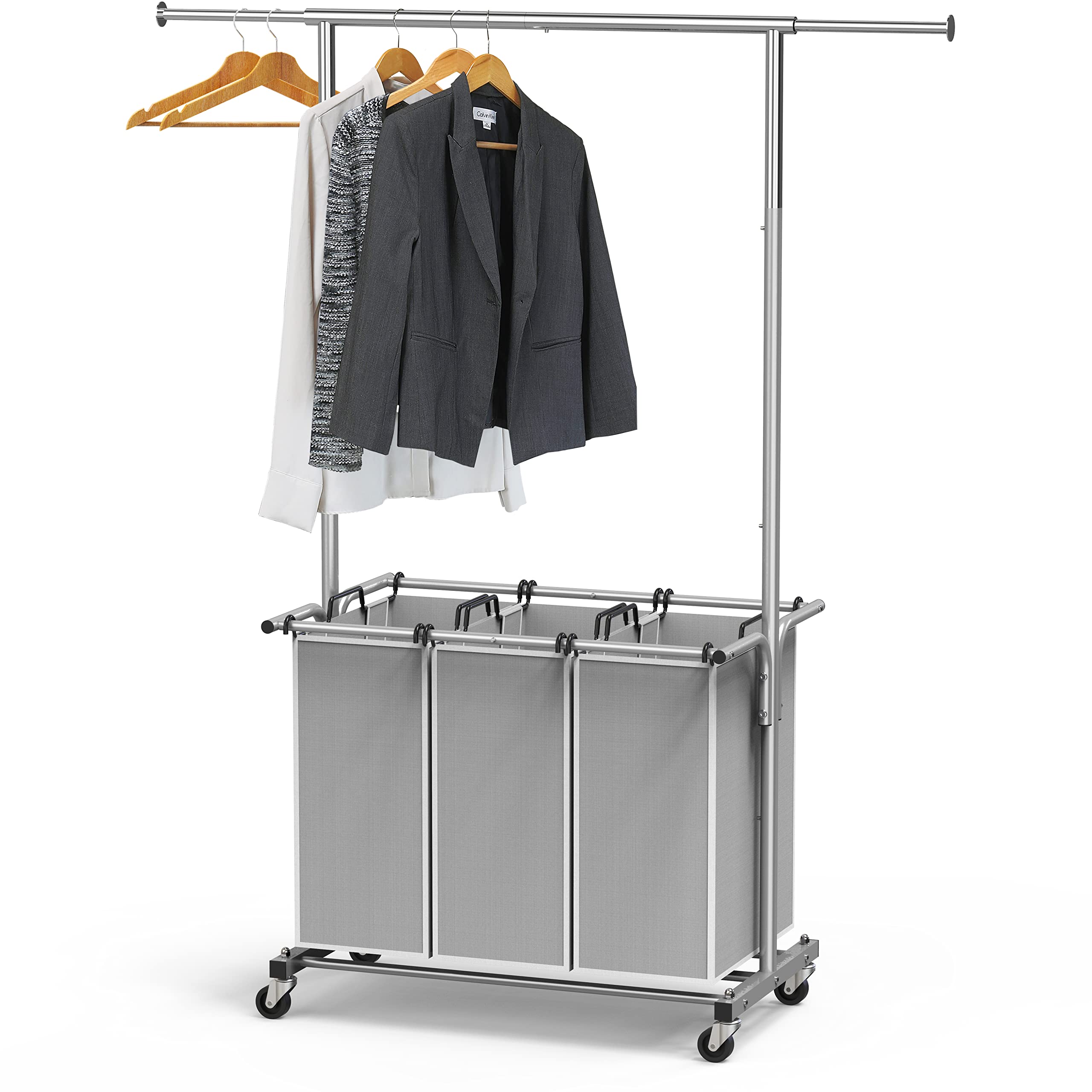 Simple Houseware 3 Bags Laundry Sorter with Extensible Clothes Hanging Rod
