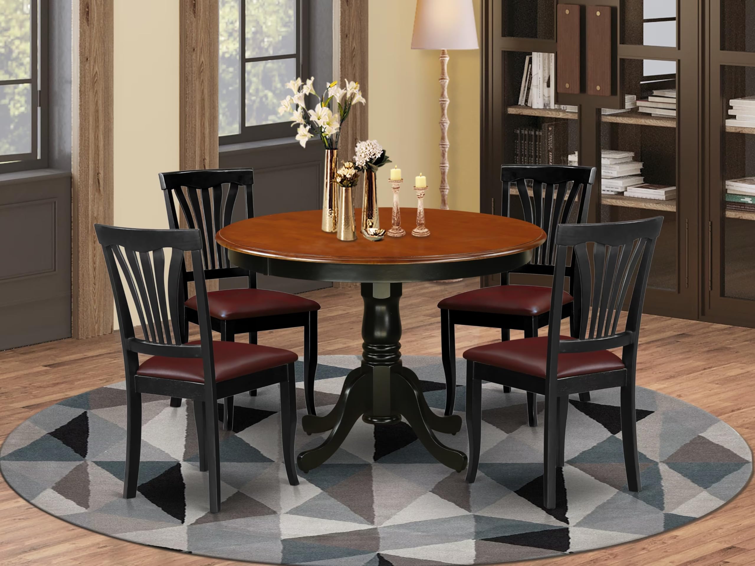 East West Furniture HLAV5-BCH-LC 5 Piece Modern Dining Table Set Includes a Round Wooden Table with Pedestal and 4 Faux Leather Dining Room Chairs, 42x42 Inch, Black & Cherry